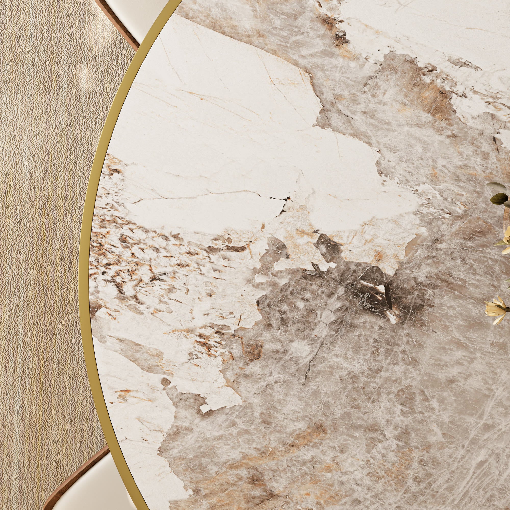 Aurelia Solid Wood Pedestal Round Dining Table With Pandora Glossy Stone Top Brass Trimmed - image 8