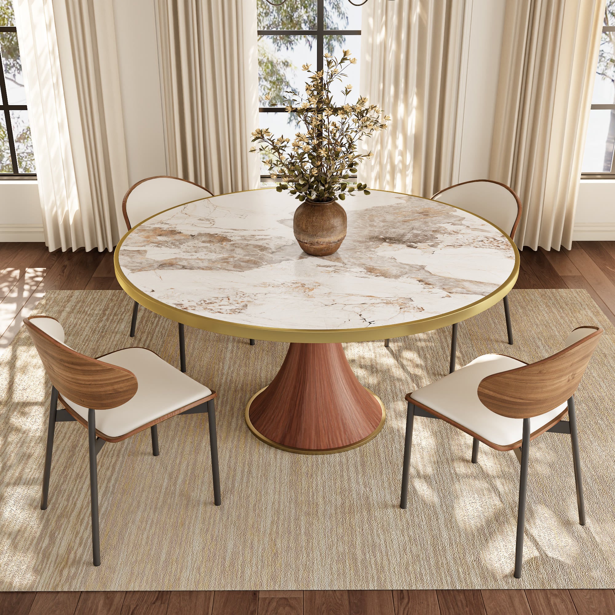 Aurelia Solid Wood Pedestal Round Dining Table With Pandora Glossy Stone Top Brass Trimmed - image 3