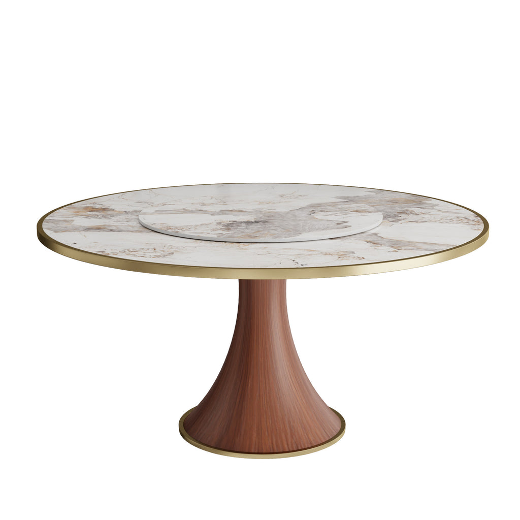 Aurelia Solid Wood Pedestal Round Dining Table With Pandora Glossy Stone Top Brass Trimmed & Removable Lazy Susan - image 1
