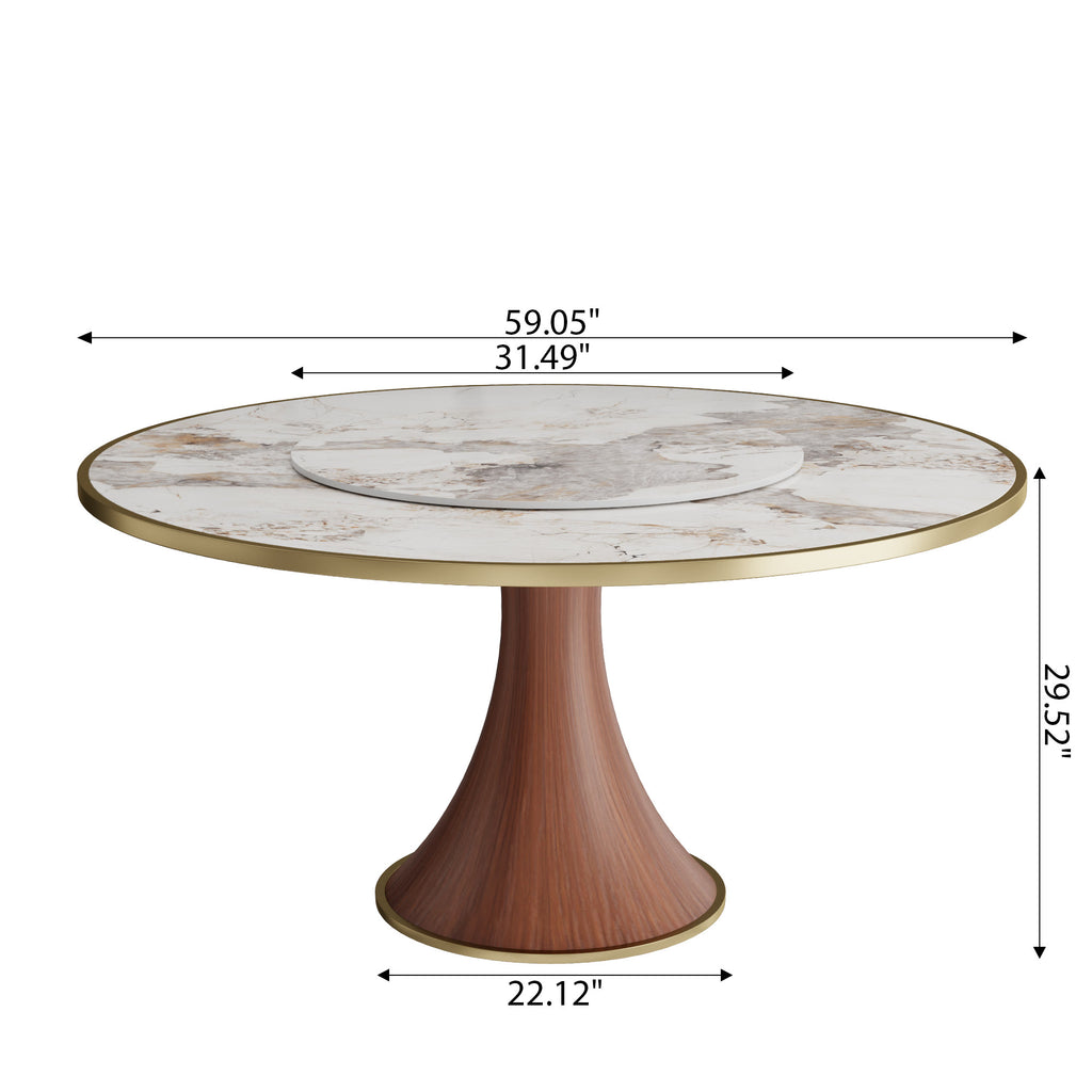 Aurelia Solid Wood Pedestal Round Dining Table With Pandora Glossy Stone Top Brass Trimmed & Removable Lazy Susan - image 7