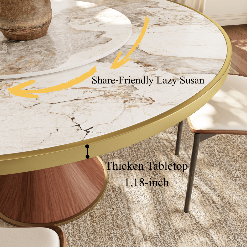 Aurelia Solid Wood Pedestal Round Dining Table With Pandora Glossy Stone Top Brass Trimmed & Removable Lazy Susan - image 3