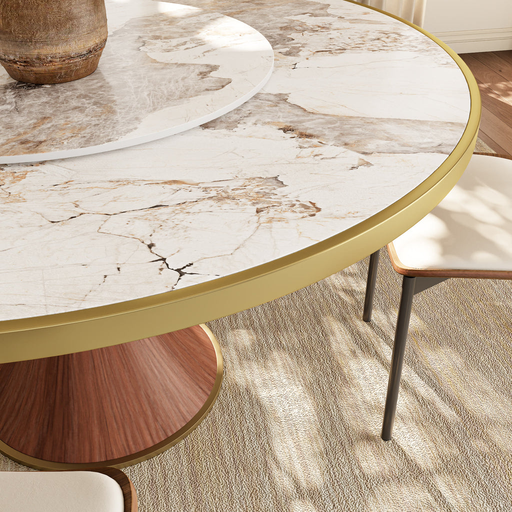 Aurelia Solid Wood Pedestal Round Dining Table With Pandora Glossy Stone Top Brass Trimmed & Removable Lazy Susan - image 2