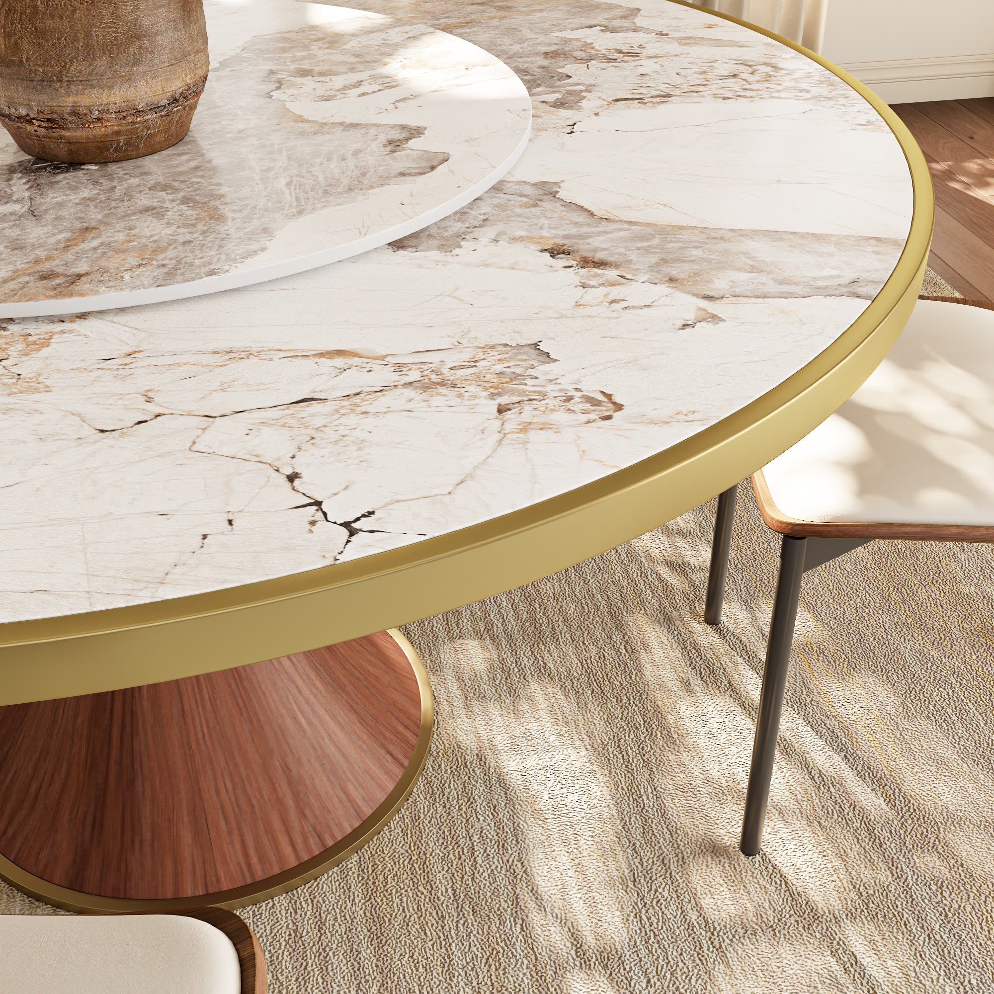 Aurelia Solid Wood Pedestal Round Dining Table With Pandora Glossy Stone Top Brass Trimmed & Removable Lazy Susan - image 2