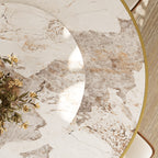 Aurelia Solid Wood Pedestal Round Dining Table With Pandora Glossy Stone Top Brass Trimmed & Removable Lazy Susan - image 8