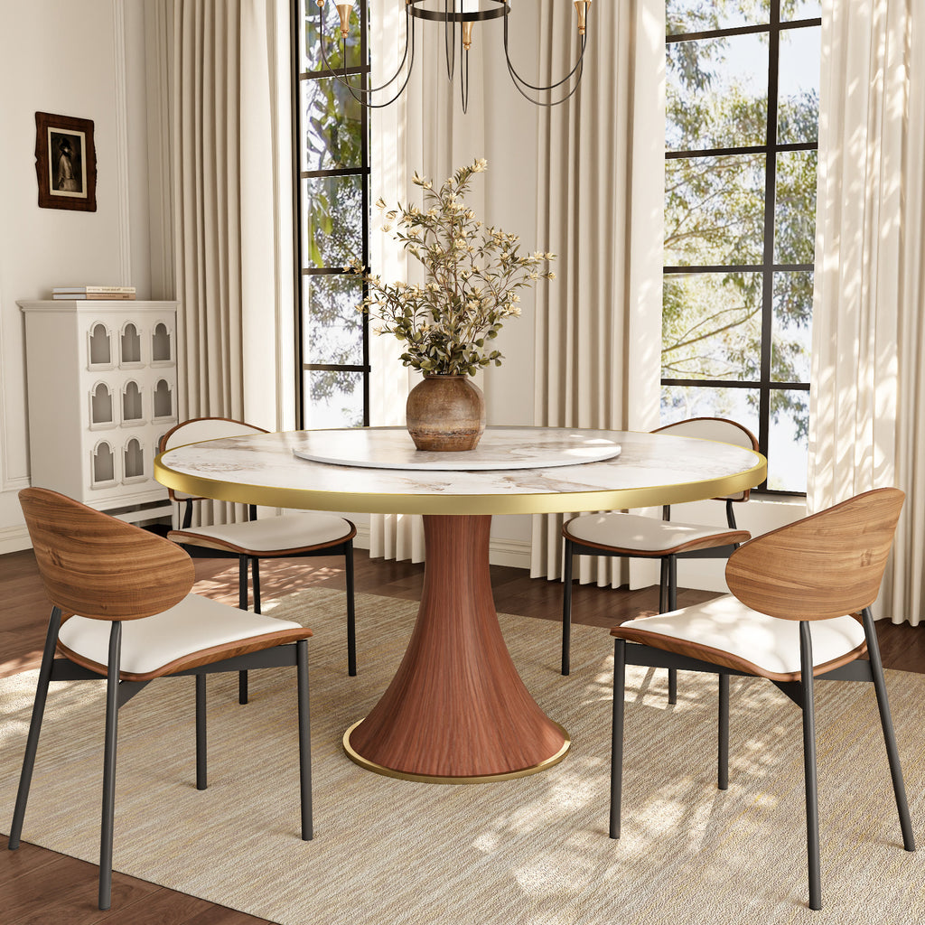 Aurelia Solid Wood Pedestal Round Dining Table With Pandora Glossy Stone Top Brass Trimmed & Removable Lazy Susan - image 5