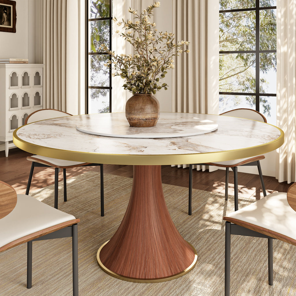 Aurelia Solid Wood Pedestal Round Dining Table With Pandora Glossy Stone Top Brass Trimmed & Removable Lazy Susan - 59.05'' W X 59.05'' D X 29.53'' H - image 0