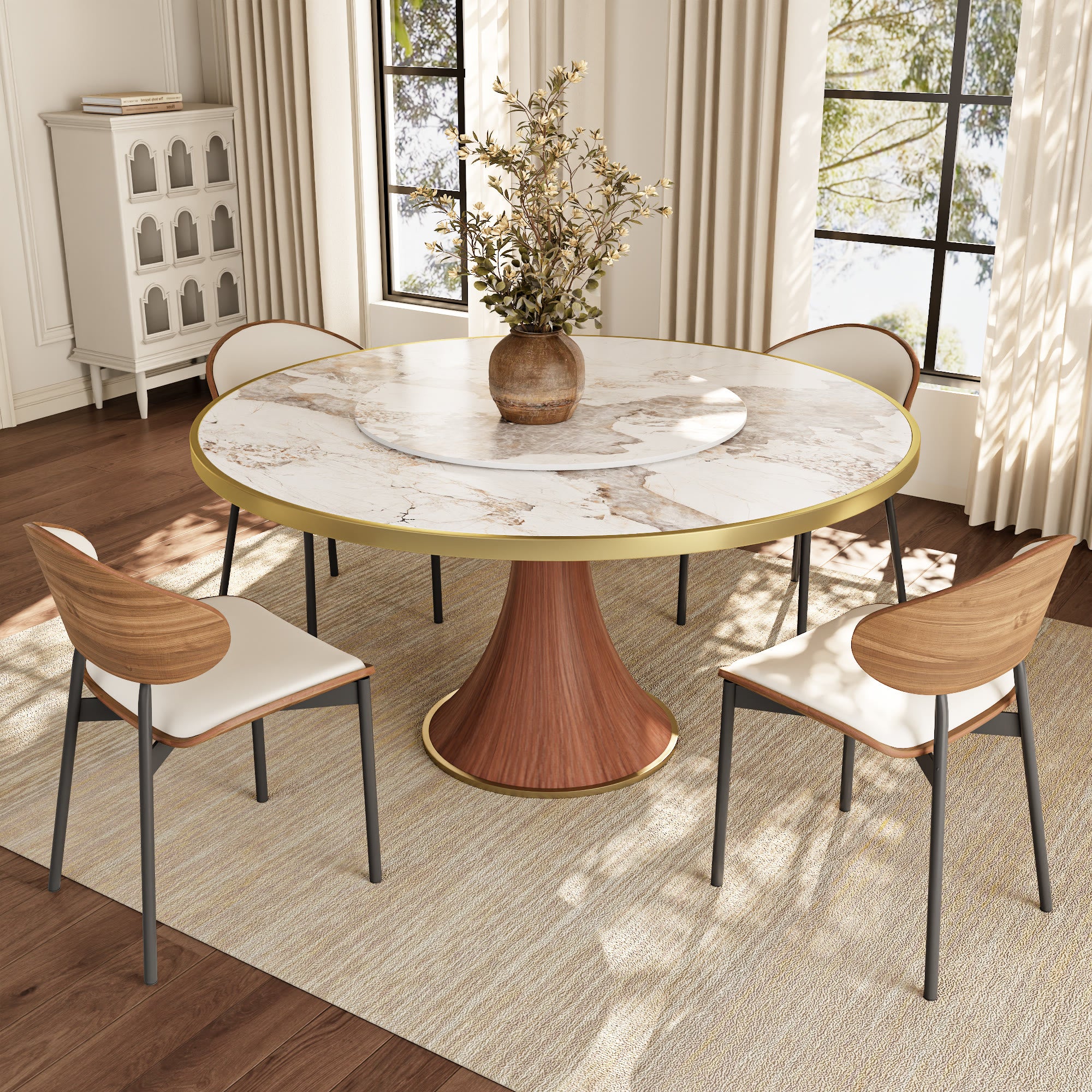 Aurelia Solid Wood Pedestal Round Dining Table With Pandora Glossy Stone Top Brass Trimmed & Removable Lazy Susan - image 4