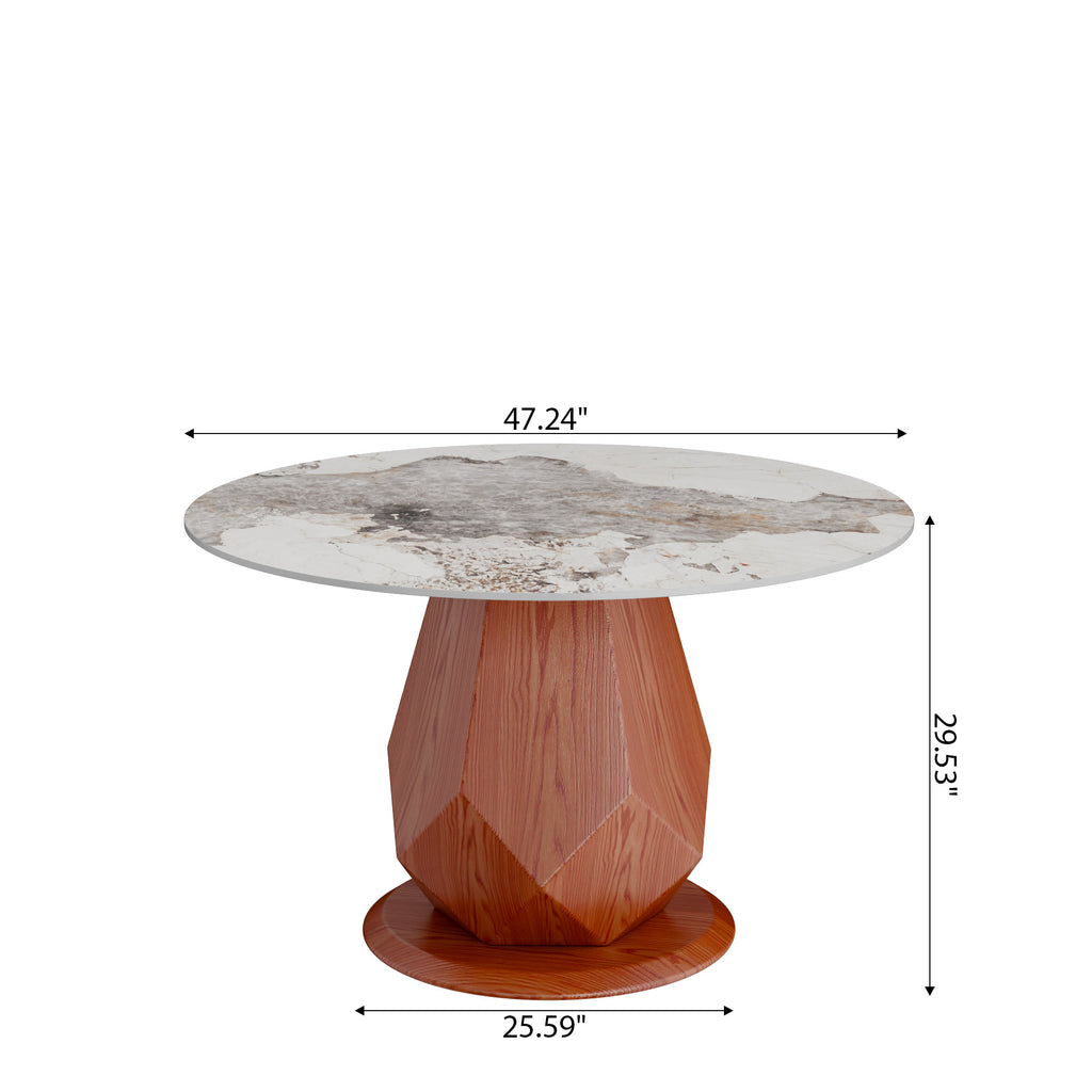 Prisma Solid Wood Geometric Pedestal Round Dining Table With Pandora Glossy Stone Top - image 5