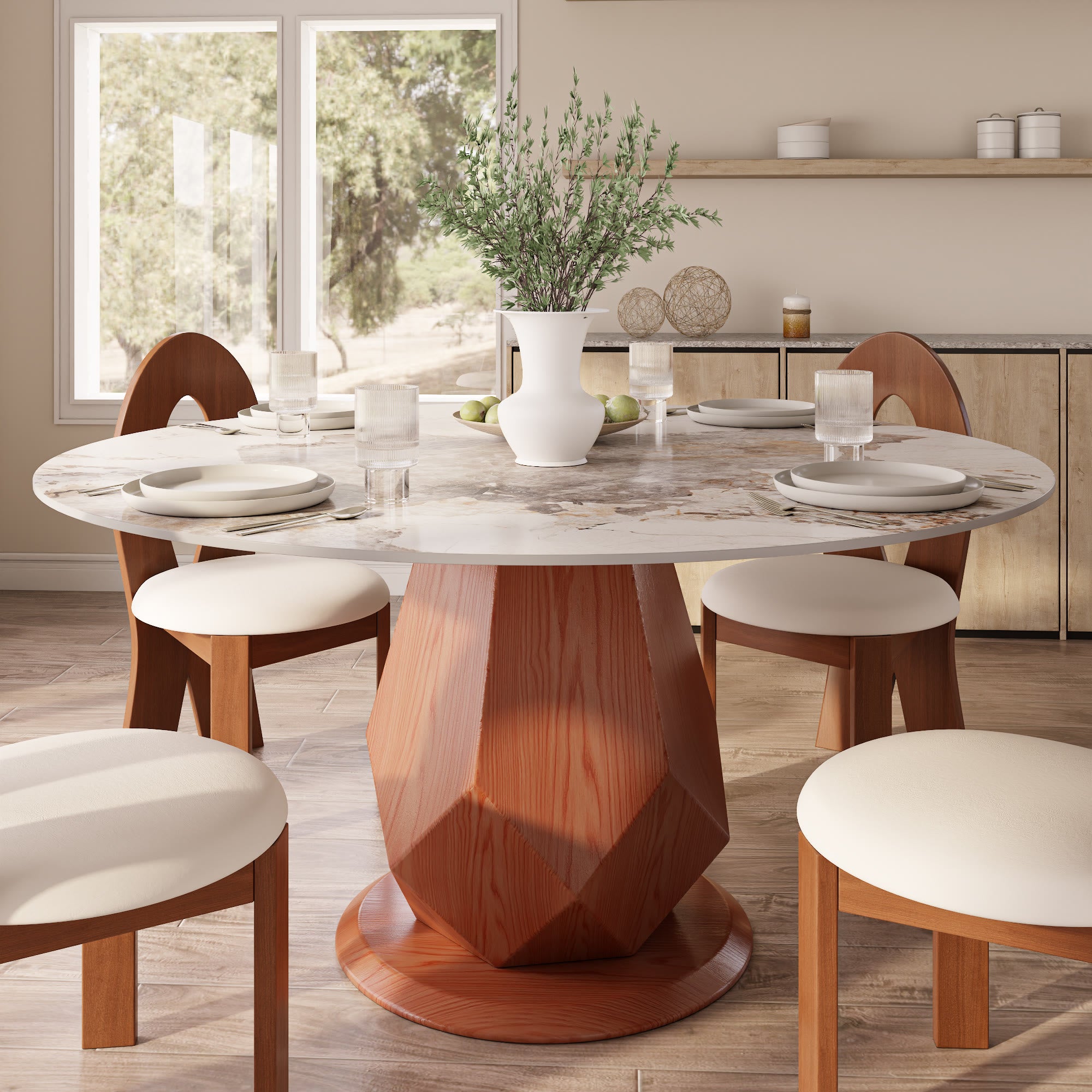 Prisma Solid Wood Geometric Pedestal Round Dining Table With Pandora Glossy Stone Top - 59.05'' W X 59.05'' D X 29.53'' H - image 0