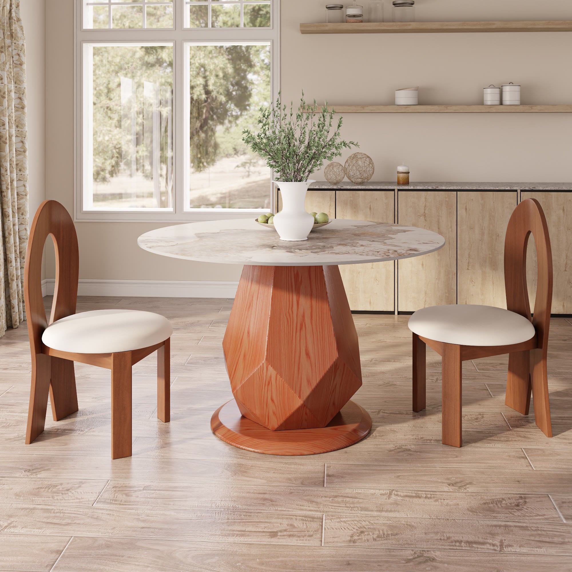 Prisma Solid Wood Geometric Pedestal Round Dining Table With Pandora Glossy Stone Top - image 3