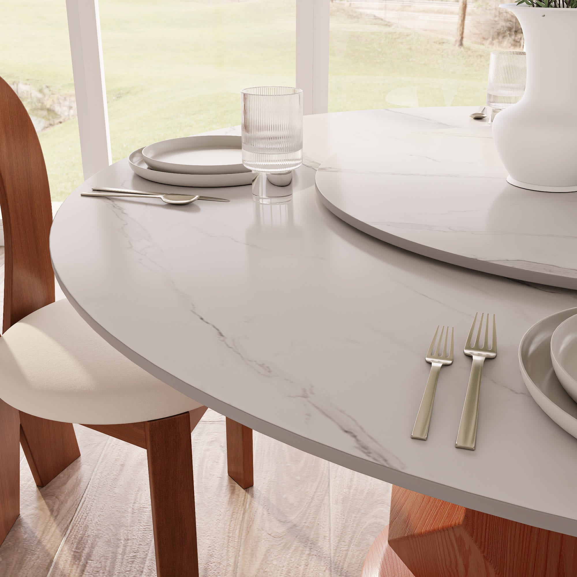 Prisma Modern Organic Soft-Vein Round Faceted-Base Lazy Susan Dining Table - image 2