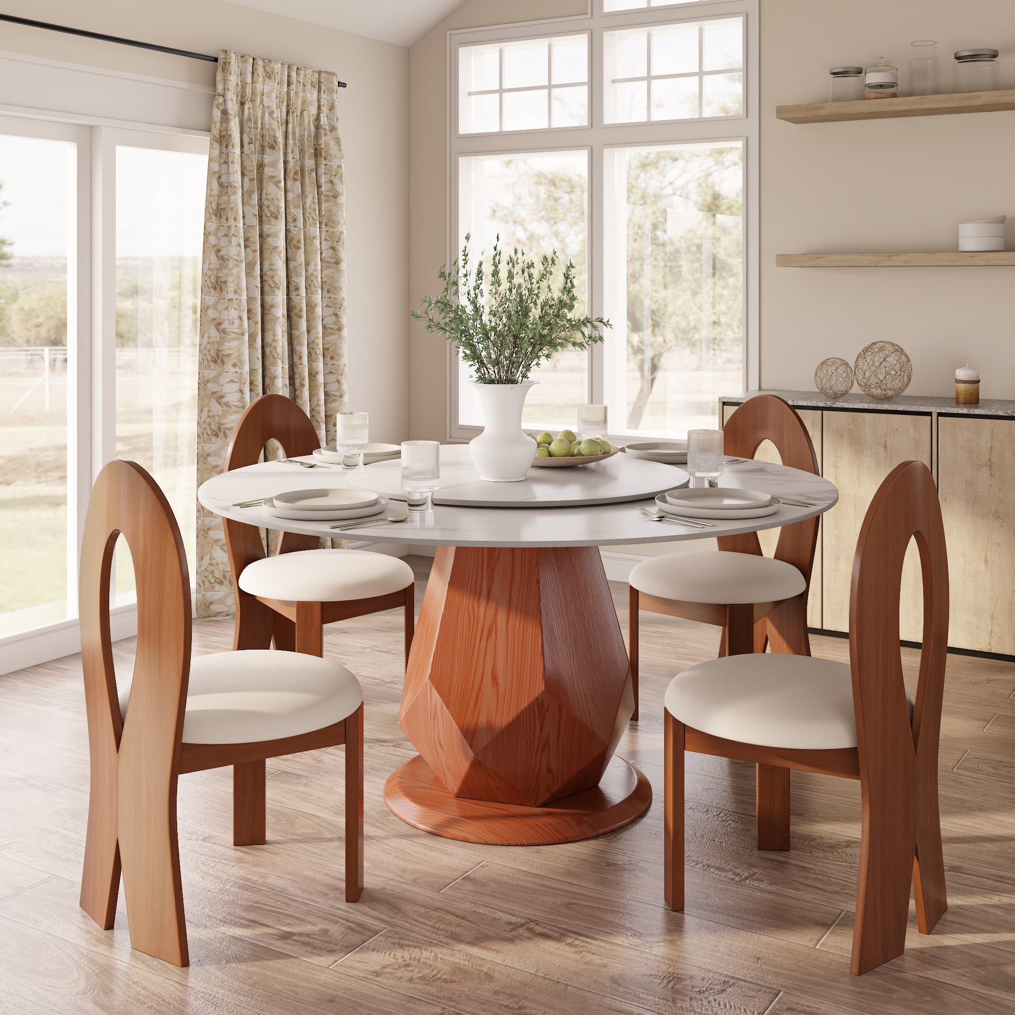 Prisma Red Walnut Solid Wood Geometric Pedestal Round Dining Table With Lazy Susan - image 2