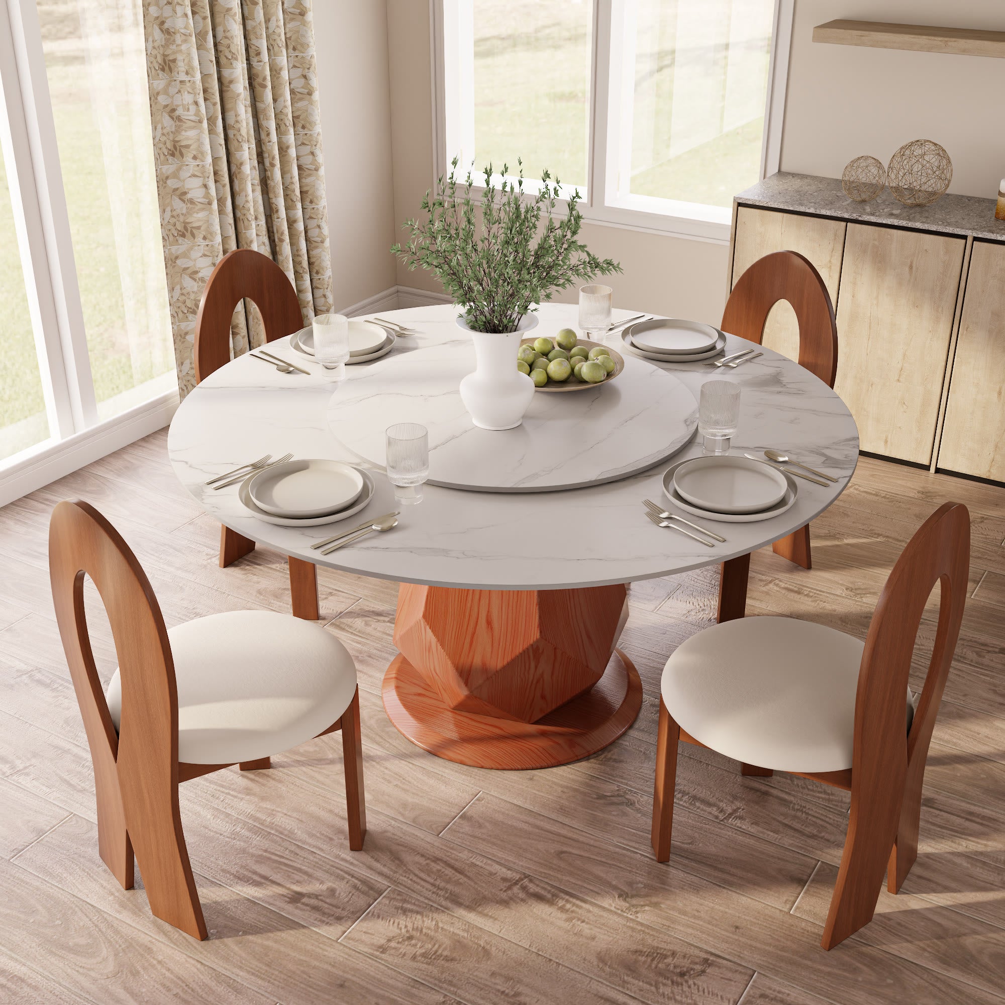 Prisma Red Walnut Solid Wood Geometric Pedestal Round Dining Table With Lazy Susan - image 3