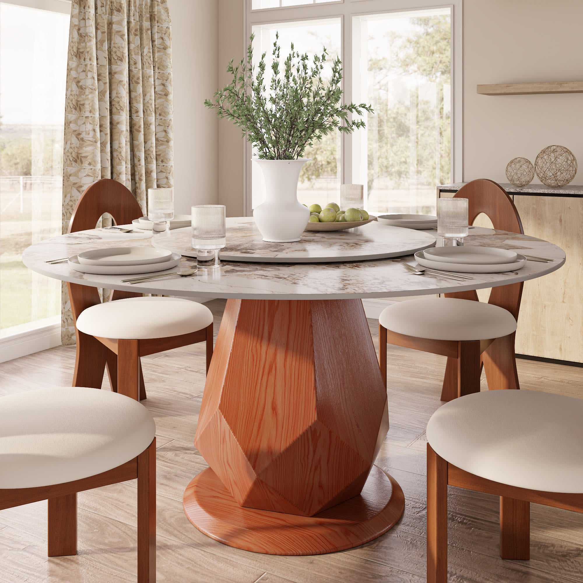 Prisma Solid Wood Geometric Pedestal Round Dining Table With Pandora Glossy Stone Top & Removable Lazy Susan - 59.05'' W X 59.05'' D X 29.53'' H - image 0