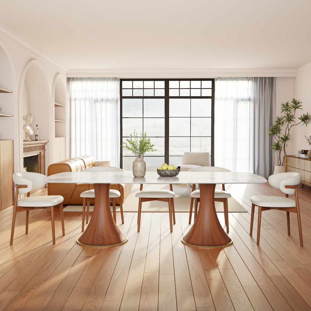 Walnut Solid Wood Brass-Trim Double Pedestal Rectangular  Dining Table With Pandora Glossy Stone Top - image 9