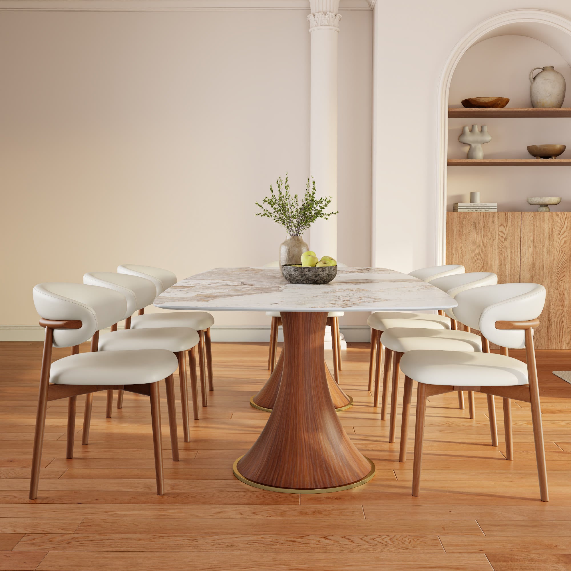 Walnut Solid Wood Brass-Trim Double Pedestal Rectangular  Dining Table With Pandora Glossy Stone Top - image 5