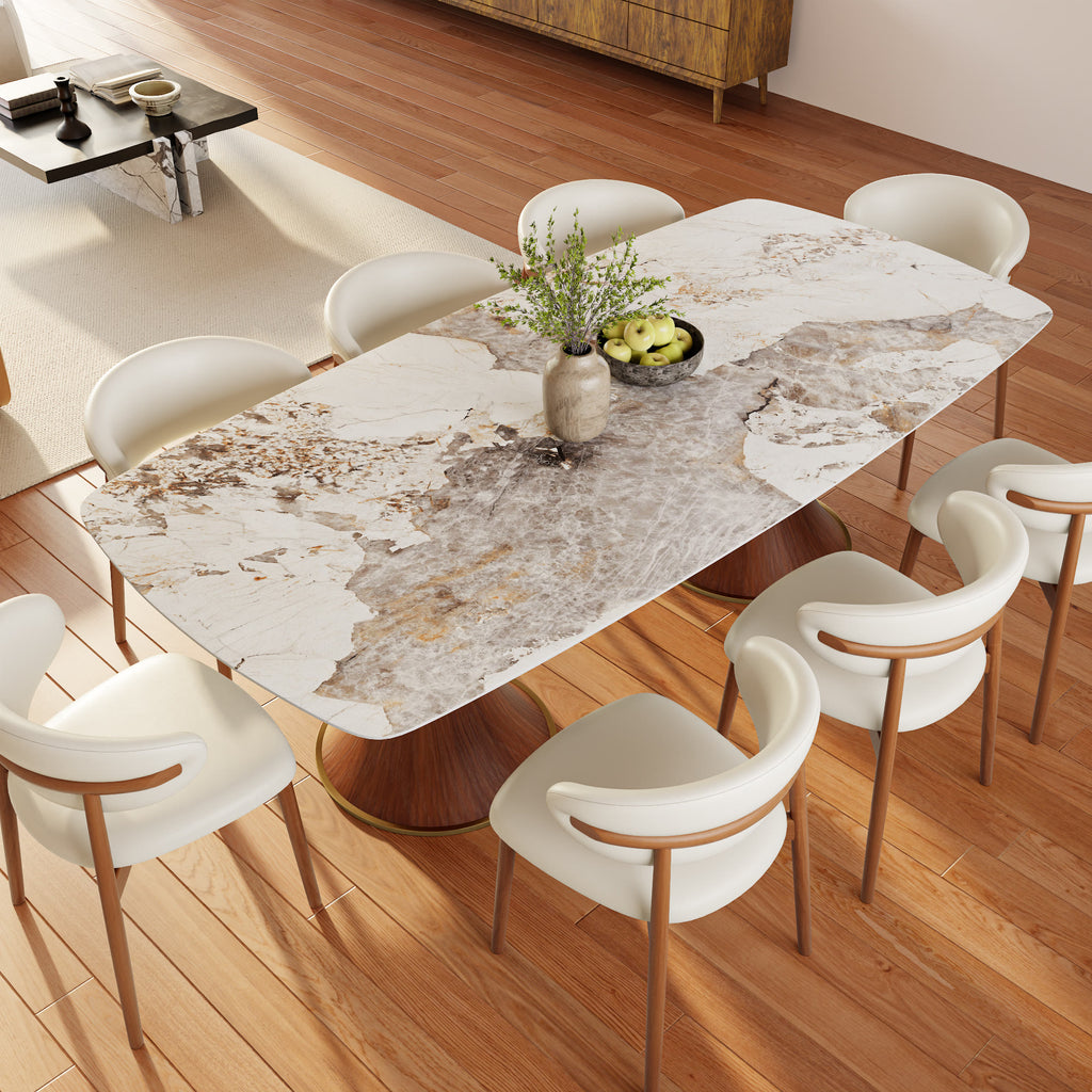 Walnut Solid Wood Brass-Trim Double Pedestal Rectangular  Dining Table With Pandora Glossy Stone Top - 43.31'' W X 93.70'' D X 29.53'' H - image 0