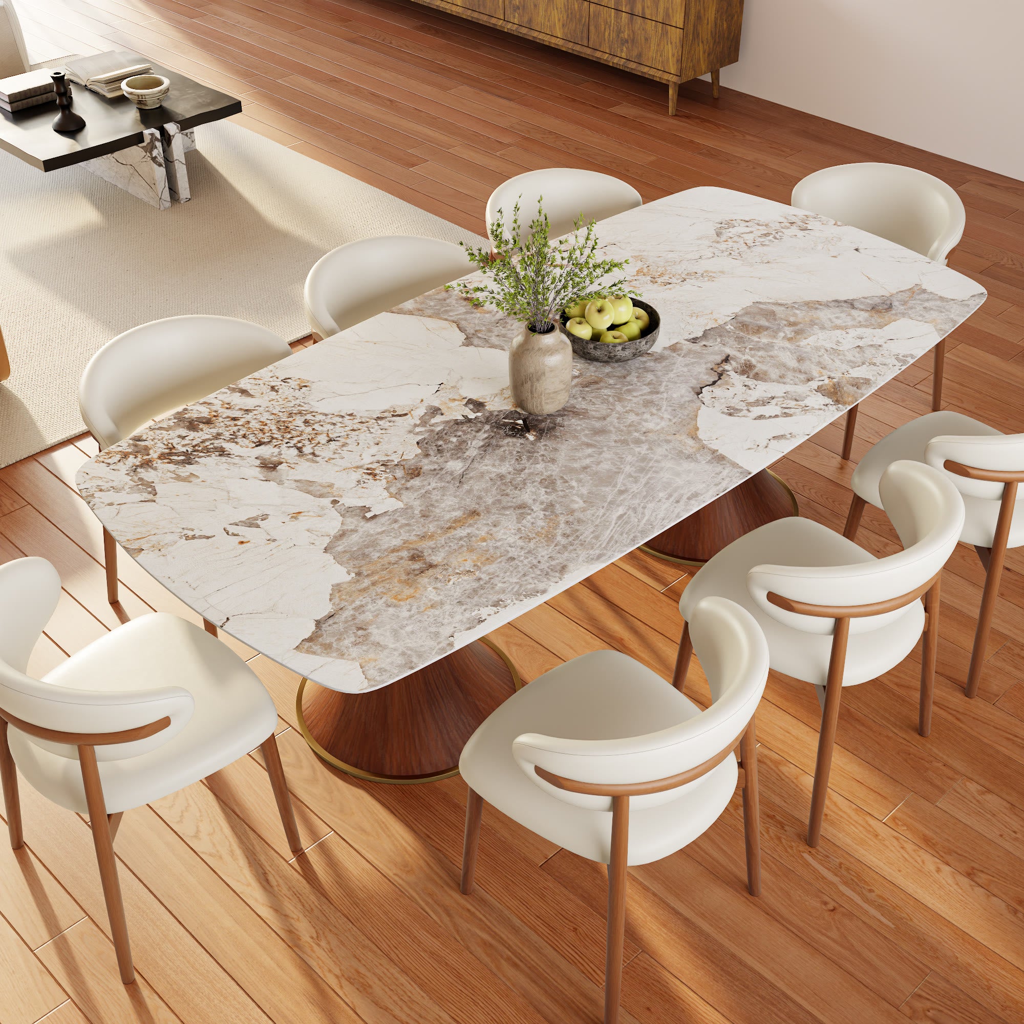 Walnut Solid Wood Brass-Trim Double Pedestal Rectangular  Dining Table With Pandora Glossy Stone Top - 43.31'' W X 93.70'' D X 29.53'' H - image 0