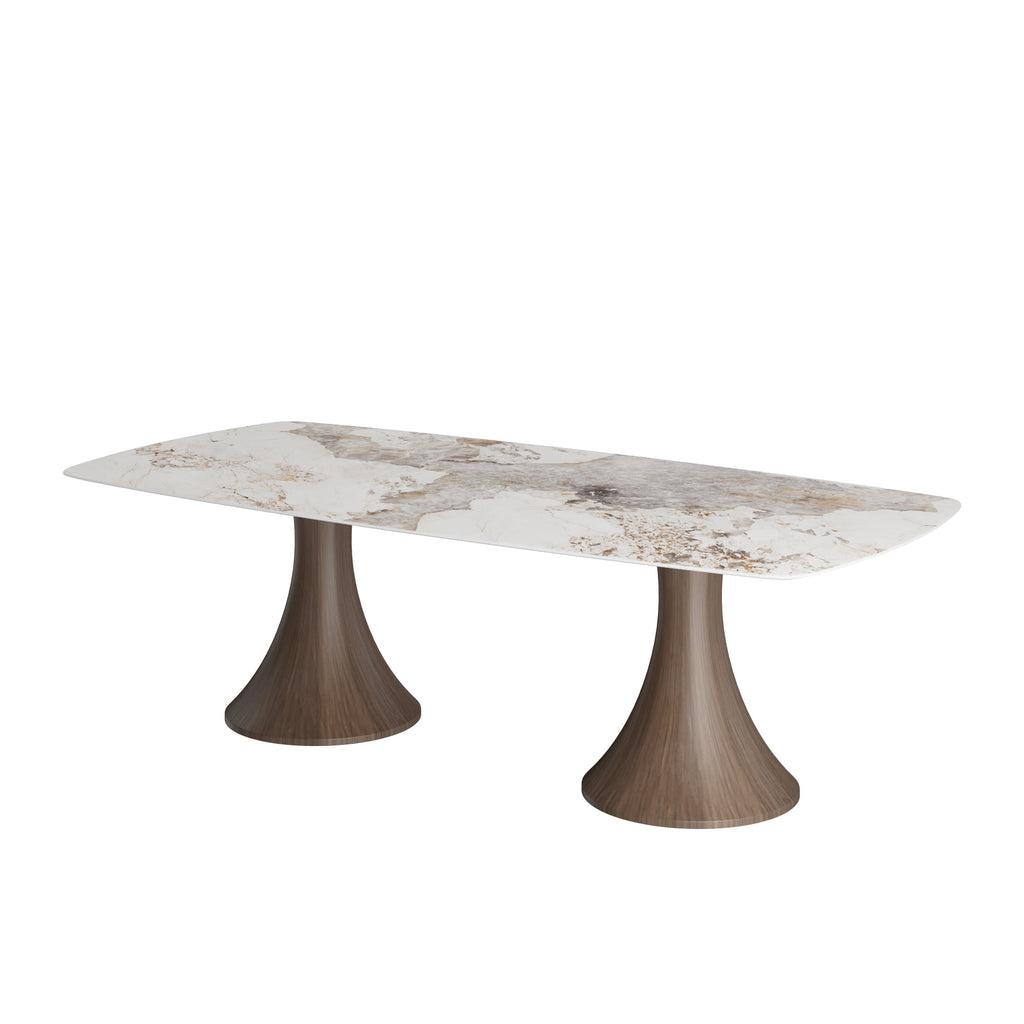 Elaris Solid Wood Dark Walnut Hourglass Base Racetrack Dining Table With Pandora Glossy Stone Top - image 1