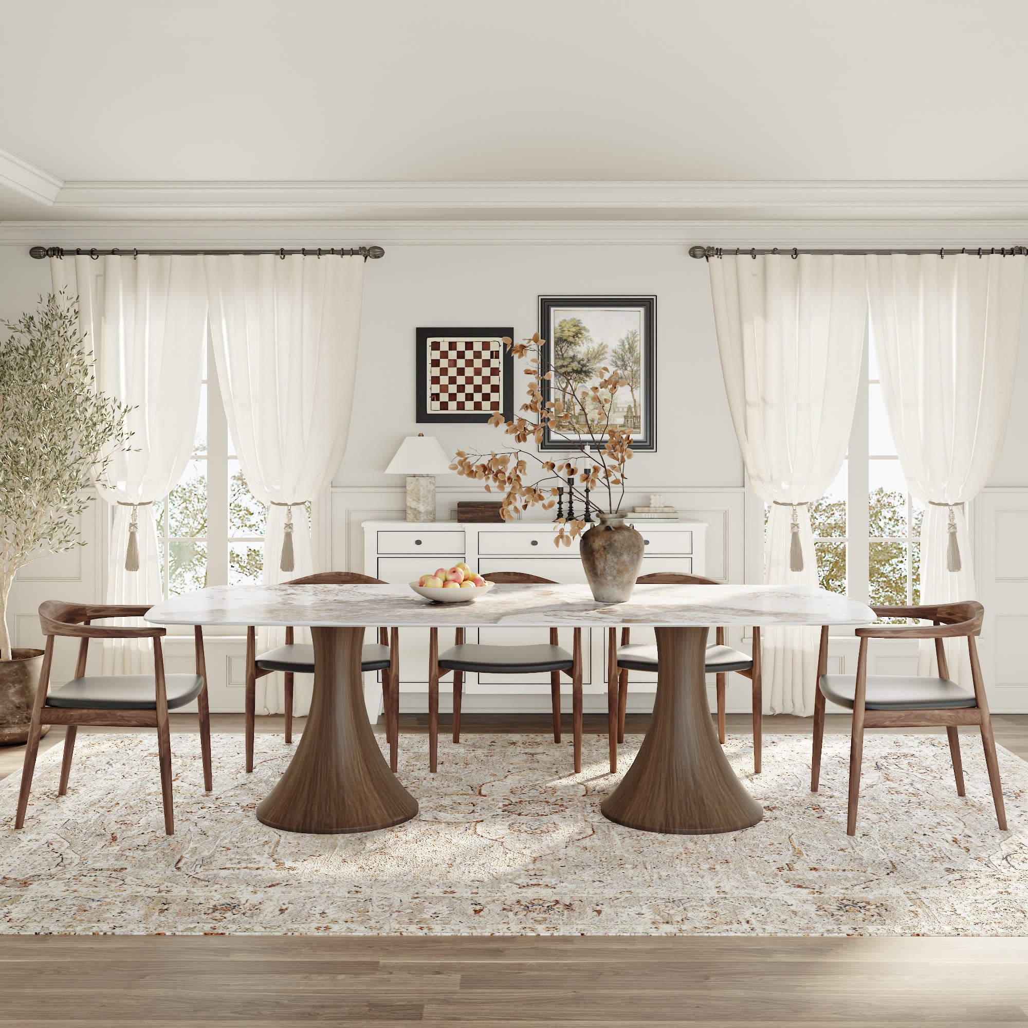 Elaris Solid Wood Dark Walnut Hourglass Base Racetrack Dining Table With Pandora Glossy Stone Top - image 8