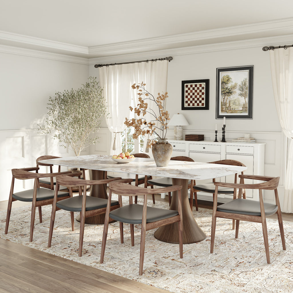 Dark Walnut Solid Wood Double Pedestal Rectangular Dining Table With Pandora Glossy Stone Top - 43.31'' W X 93.70'' D X 29.53'' H - image 0