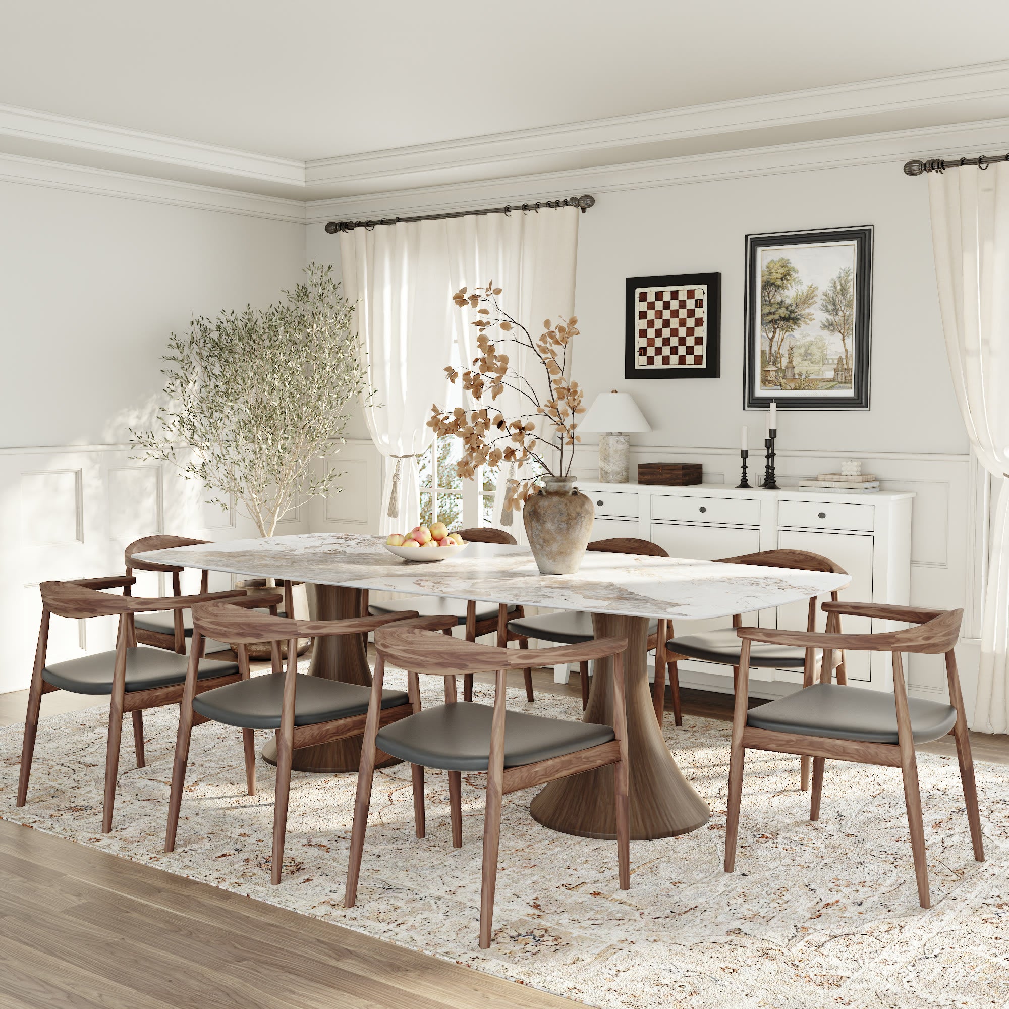 Dark Walnut Solid Wood Double Pedestal Rectangular Dining Table With Pandora Glossy Stone Top - 43.31'' W X 93.70'' D X 29.53'' H - image 0