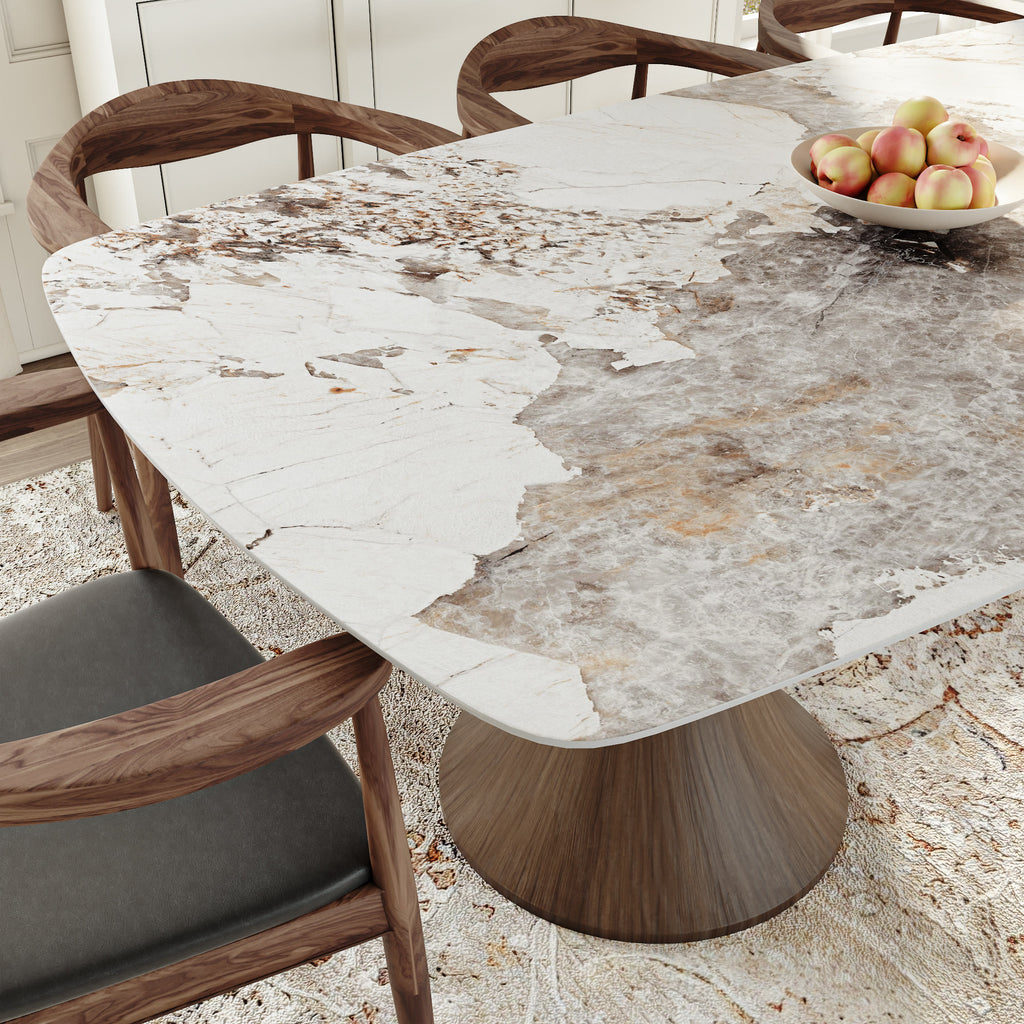 Elaris Solid Wood Dark Walnut Hourglass Base Racetrack Dining Table With Pandora Glossy Stone Top - image 2