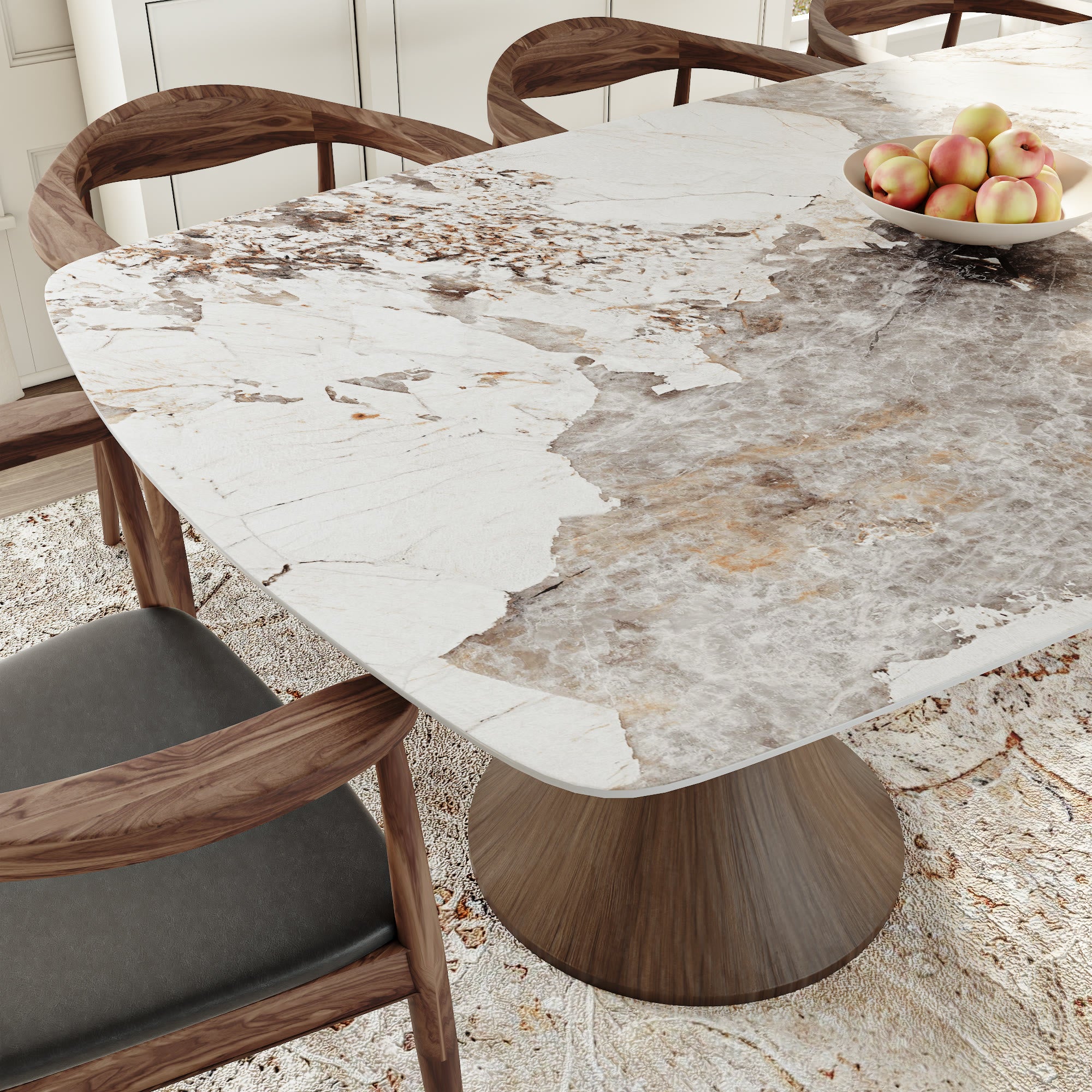 Elaris Solid Wood Dark Walnut Hourglass Base Racetrack Dining Table With Pandora Glossy Stone Top - image 2