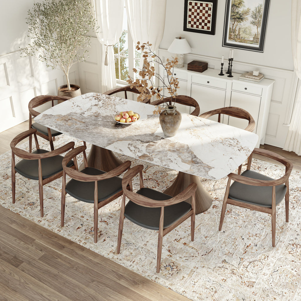 Elaris Solid Wood Dark Walnut Hourglass Base Racetrack Dining Table With Pandora Glossy Stone Top - image 5