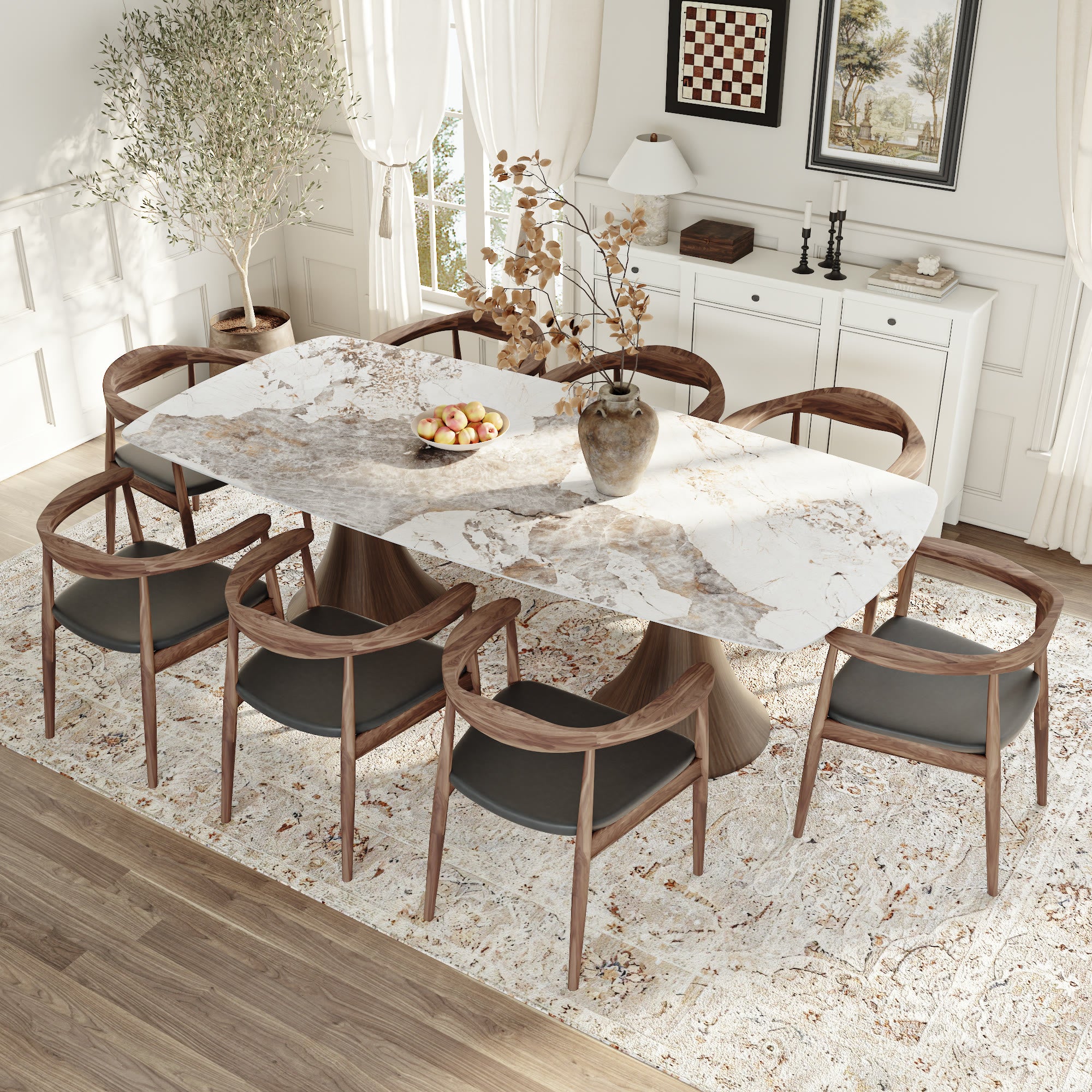 Elaris Solid Wood Dark Walnut Hourglass Base Racetrack Dining Table With Pandora Glossy Stone Top - image 5