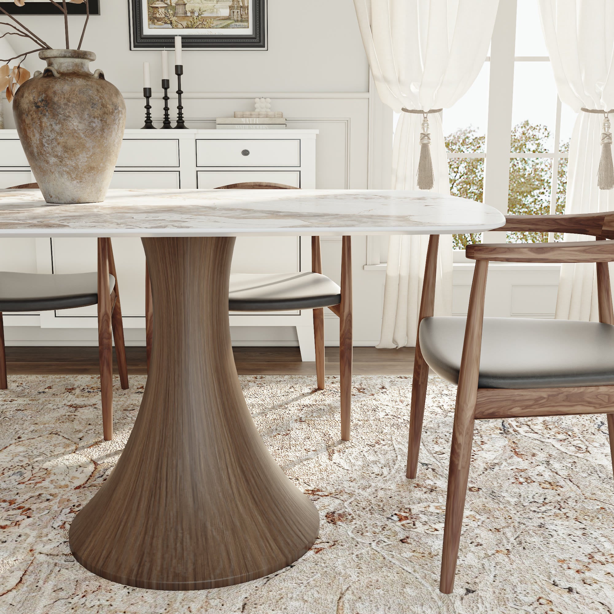 Elaris Solid Wood Dark Walnut Hourglass Base Racetrack Dining Table With Pandora Glossy Stone Top - image 4