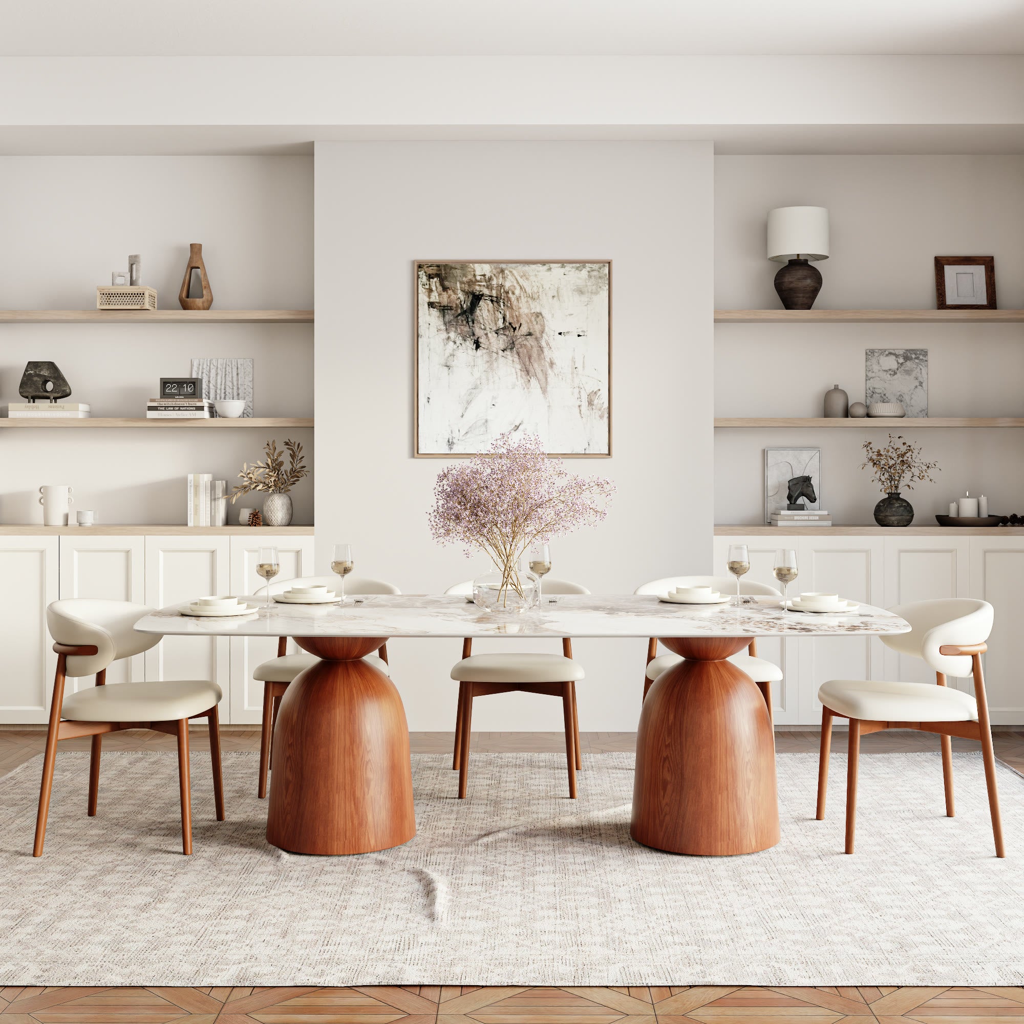 Natural Oak Solid Wood Double Pedestal Rectangular Dining Table With Pandora Glossy Stone Top - image 9