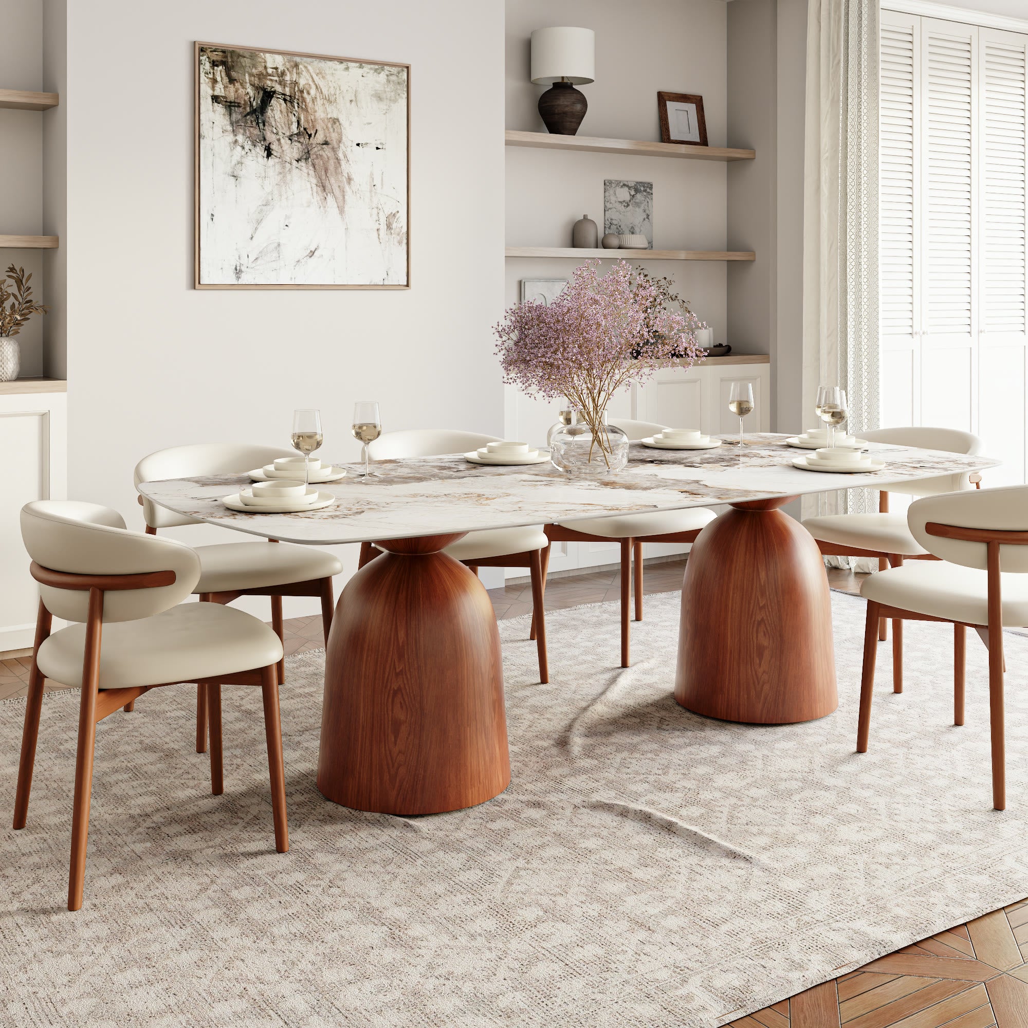 Elaris Solid Wood Walnut Half-Cylinder Base Dining Table With White Glossy Stone Top - 43.31'' W X 93.70'' D X 29.53'' H - image 0