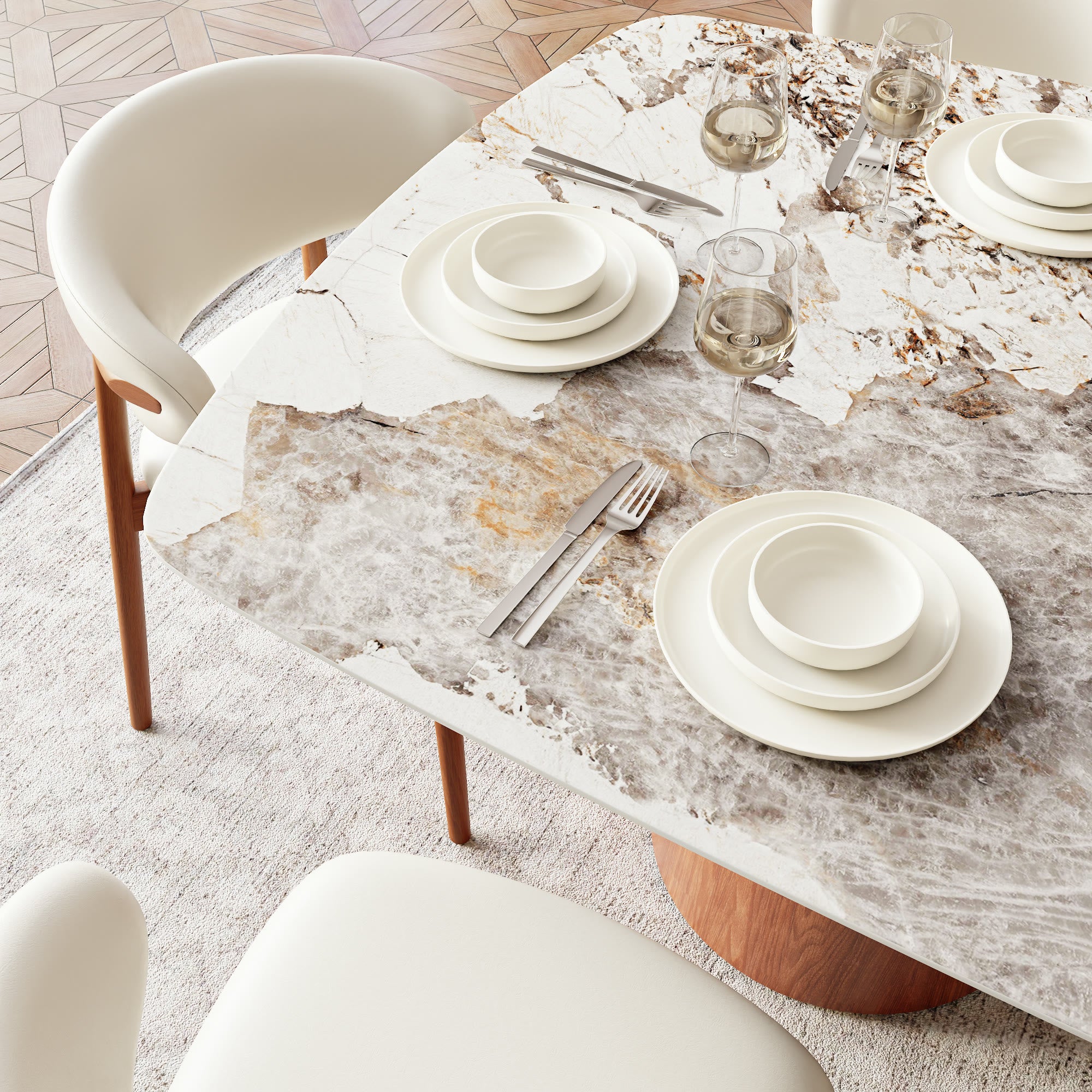 Elaris Solid Wood Walnut Half-Cylinder Base Dining Table With White Glossy Stone Top - image 2