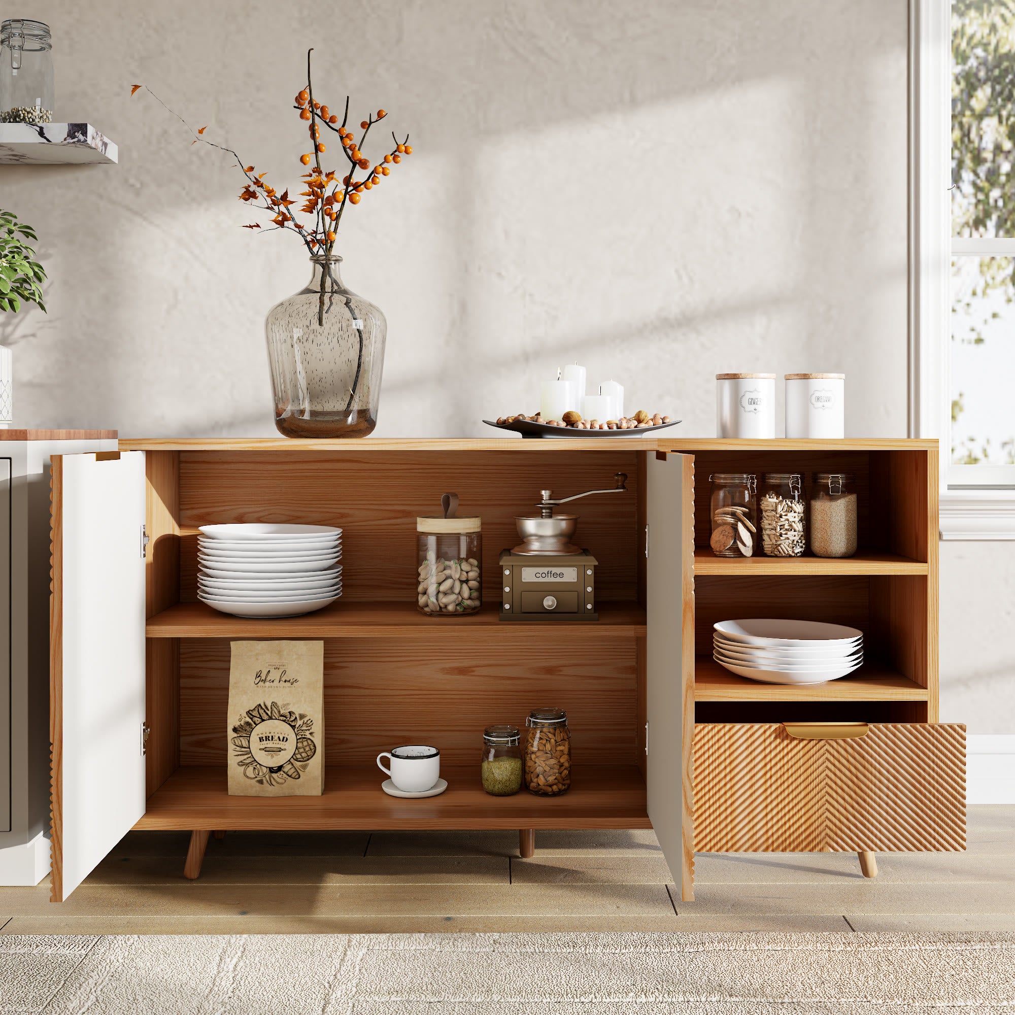 Modern 2-Door Sideboard Buffet Accent Cabinet With Open Storage Shelves & Drawer - image 5