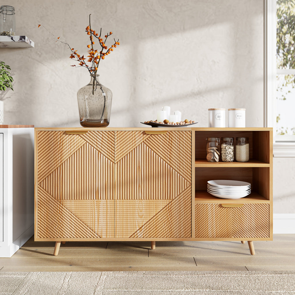 Modern 2-Door Sideboard Buffet Accent Cabinet With Open Storage Shelves & Drawer - Natural - image 0
