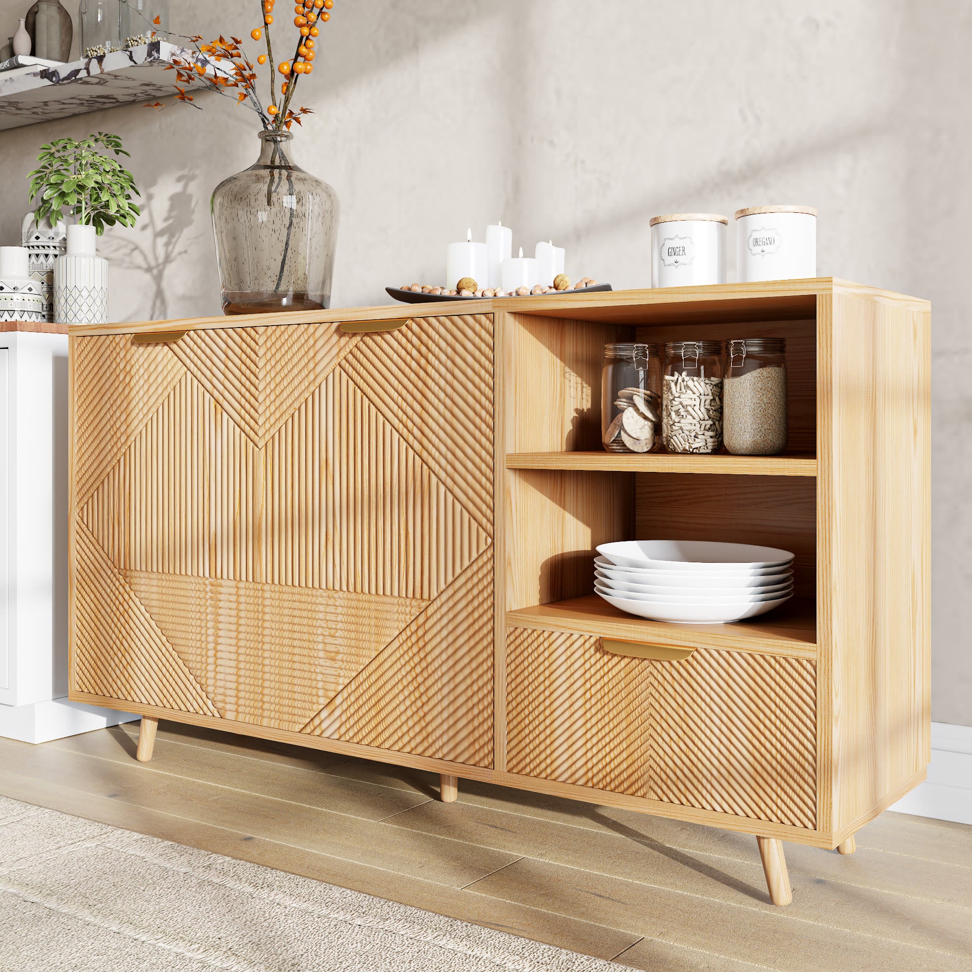 Modern 2-Door Sideboard Buffet Accent Cabinet With Open Storage Shelves & Drawer - image 7