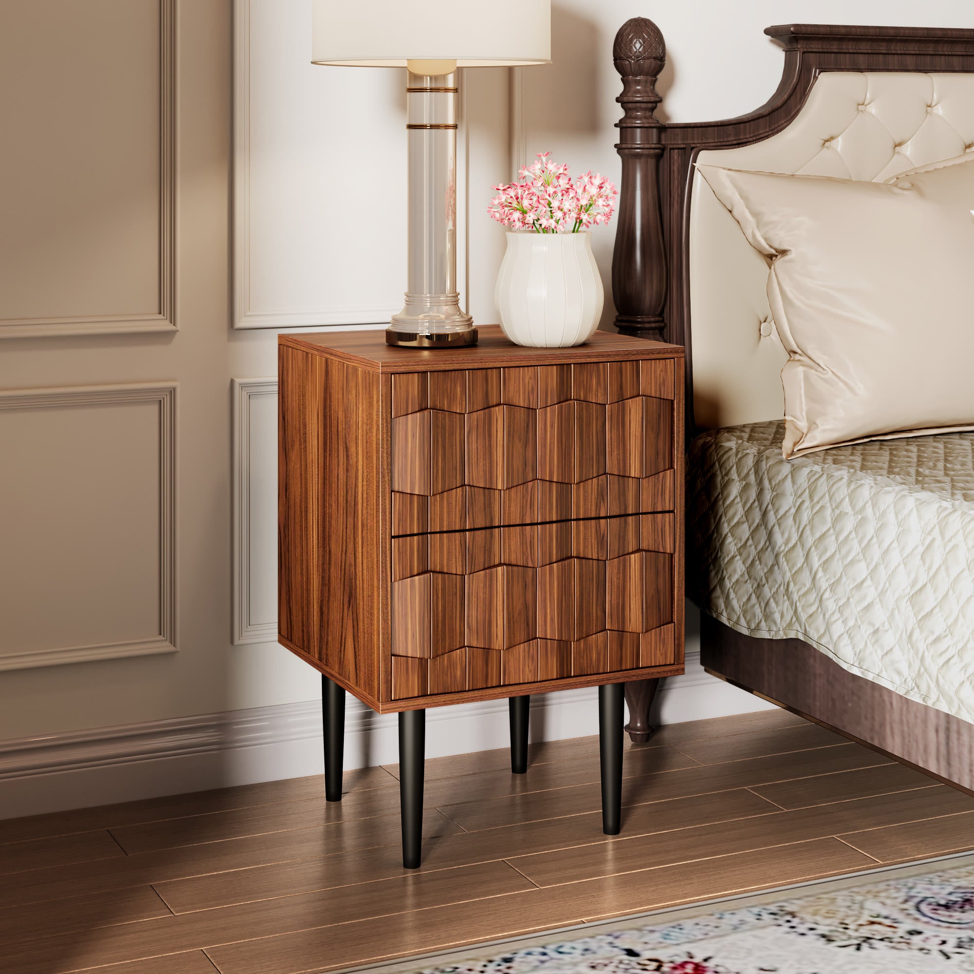 Modern Mid-Century Geometric Nightstand With 2 Spacious Drawers, Push-To-Open - Walnut - image 0