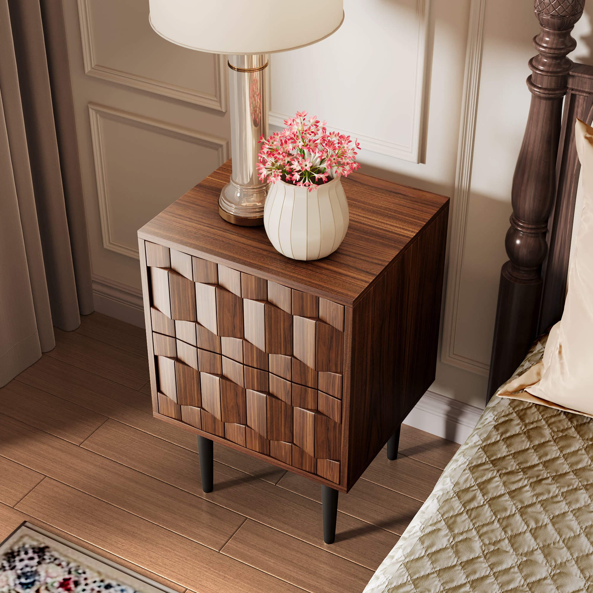 Modern Mid-Century Geometric Nightstand With 2 Spacious Drawers, Push-To-Open - image 6