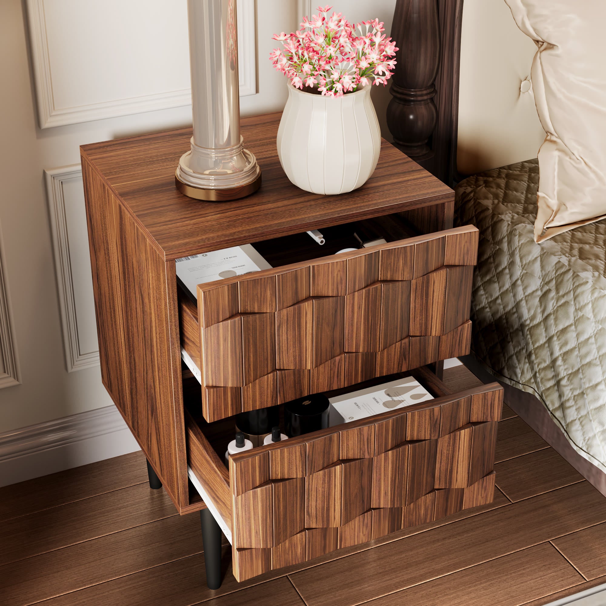 Modern Mid-Century Geometric Nightstand With 2 Spacious Drawers, Push-To-Open - image 5