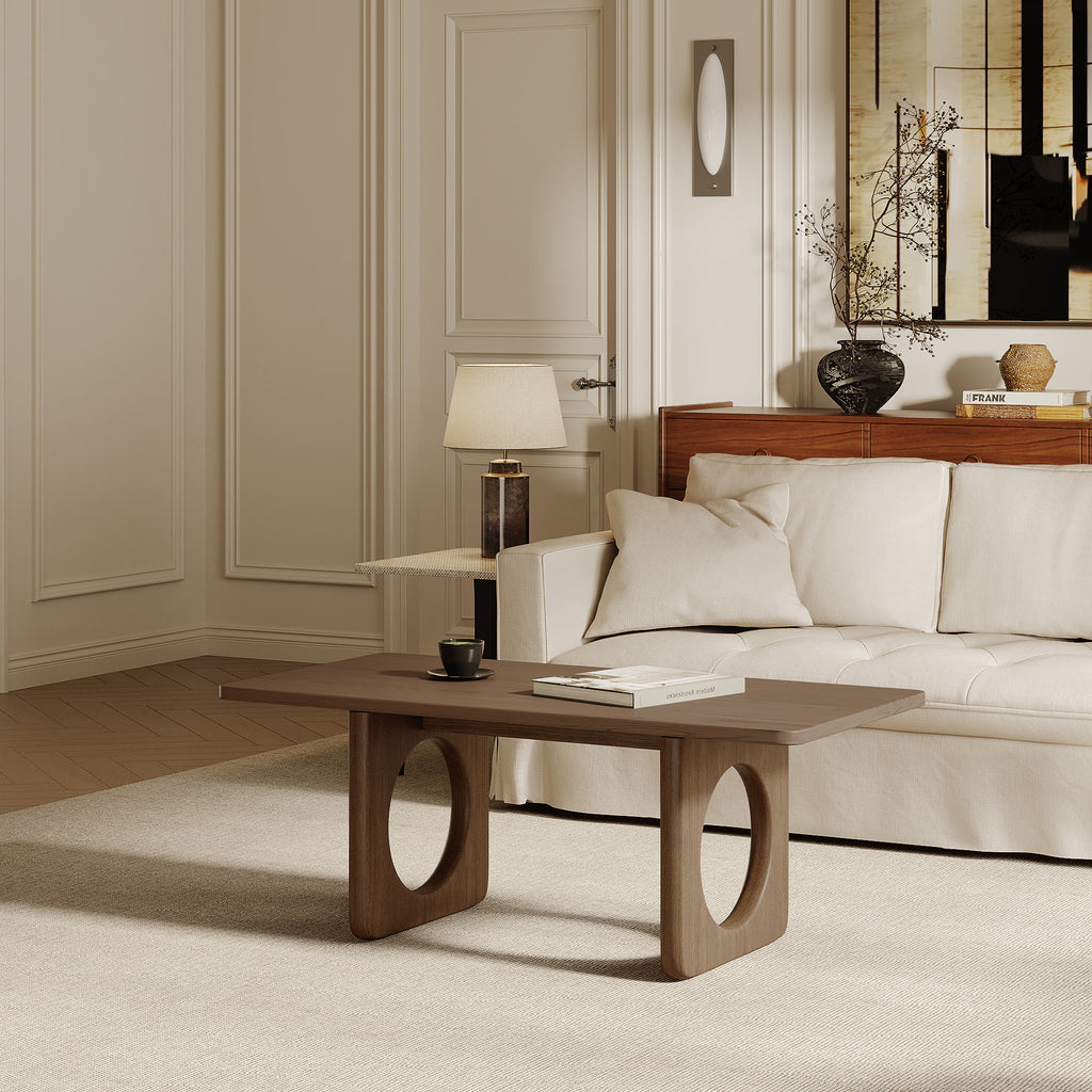 Rectangular Wooden Coffee Table Modern Farmhouse Round Cutout Panel Legs - Dark Walnut - image 0