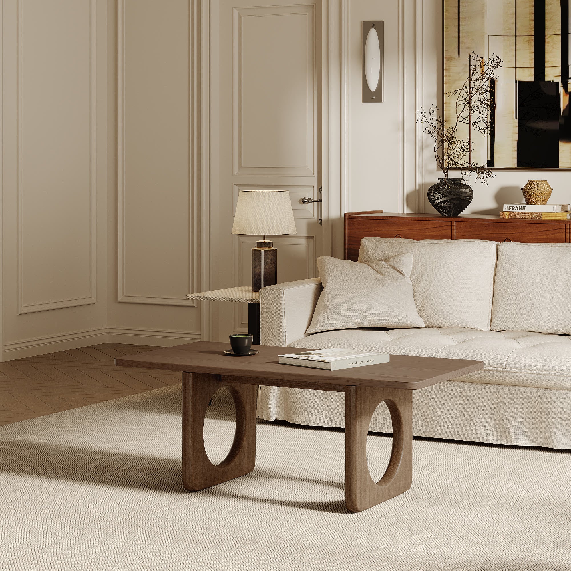 Rectangular Wooden Coffee Table Modern Farmhouse Round Cutout Panel Legs - Dark Walnut - image 0