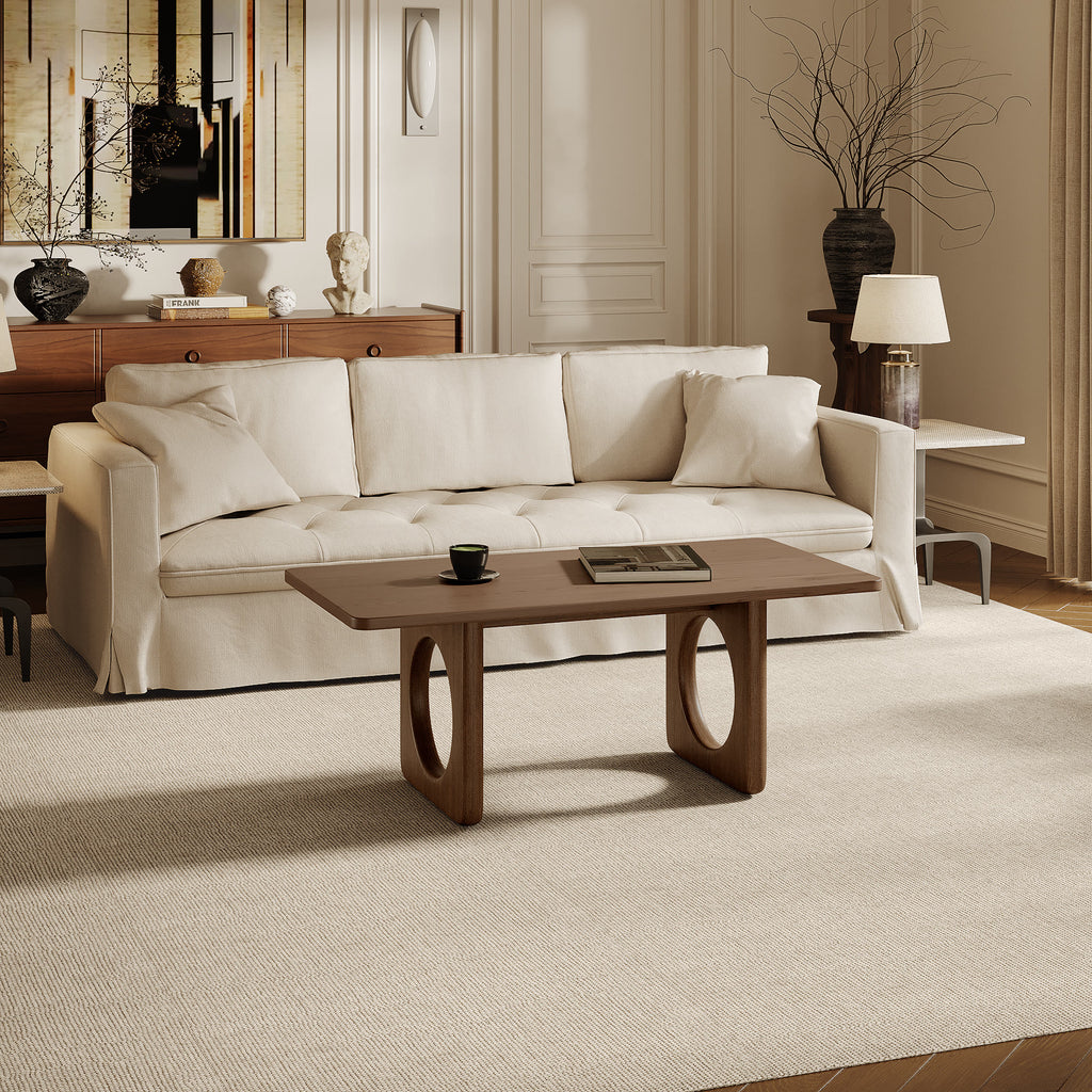 Rectangular Wooden Coffee Table Modern Farmhouse Round Cutout Panel Legs - image 6