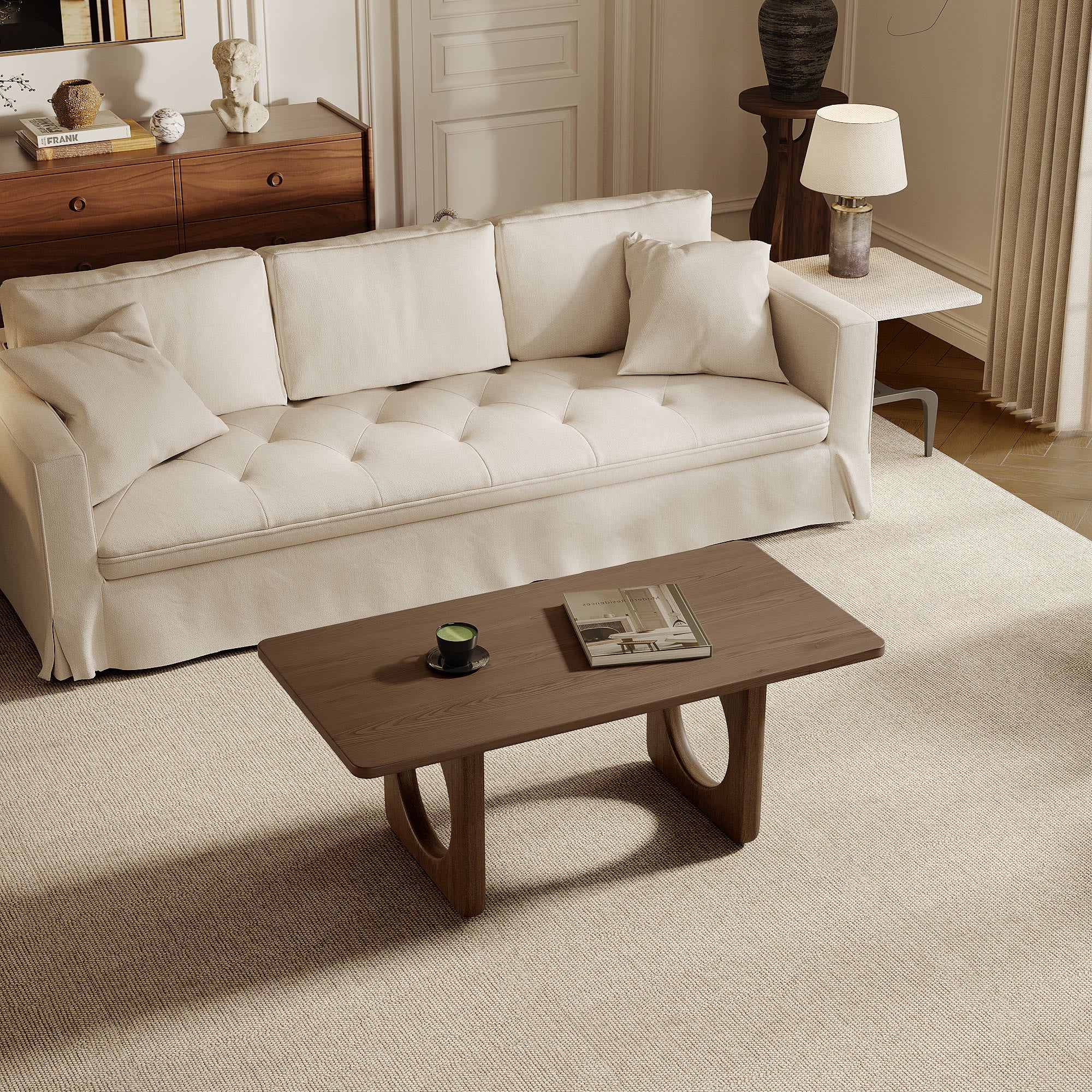 Rectangular Wooden Coffee Table Modern Farmhouse Round Cutout Panel Legs - image 5