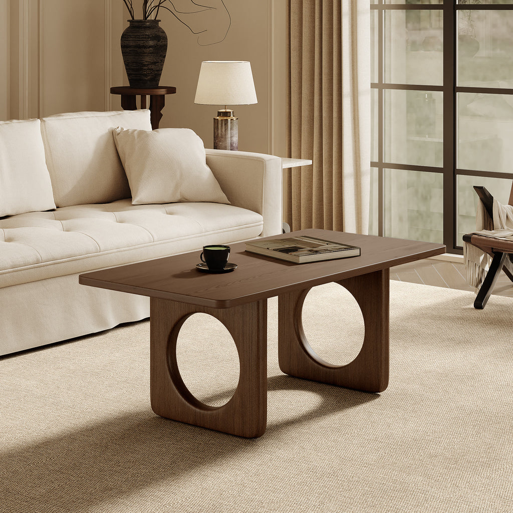 Rectangular Wooden Coffee Table Modern Farmhouse Round Cutout Panel Legs - image 2