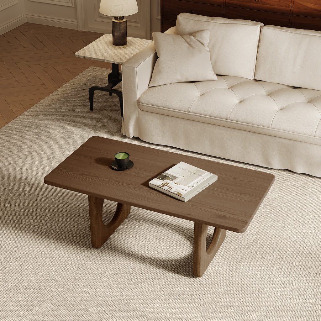 Rectangular Wooden Coffee Table Modern Farmhouse Round Cutout Panel Legs - image 3