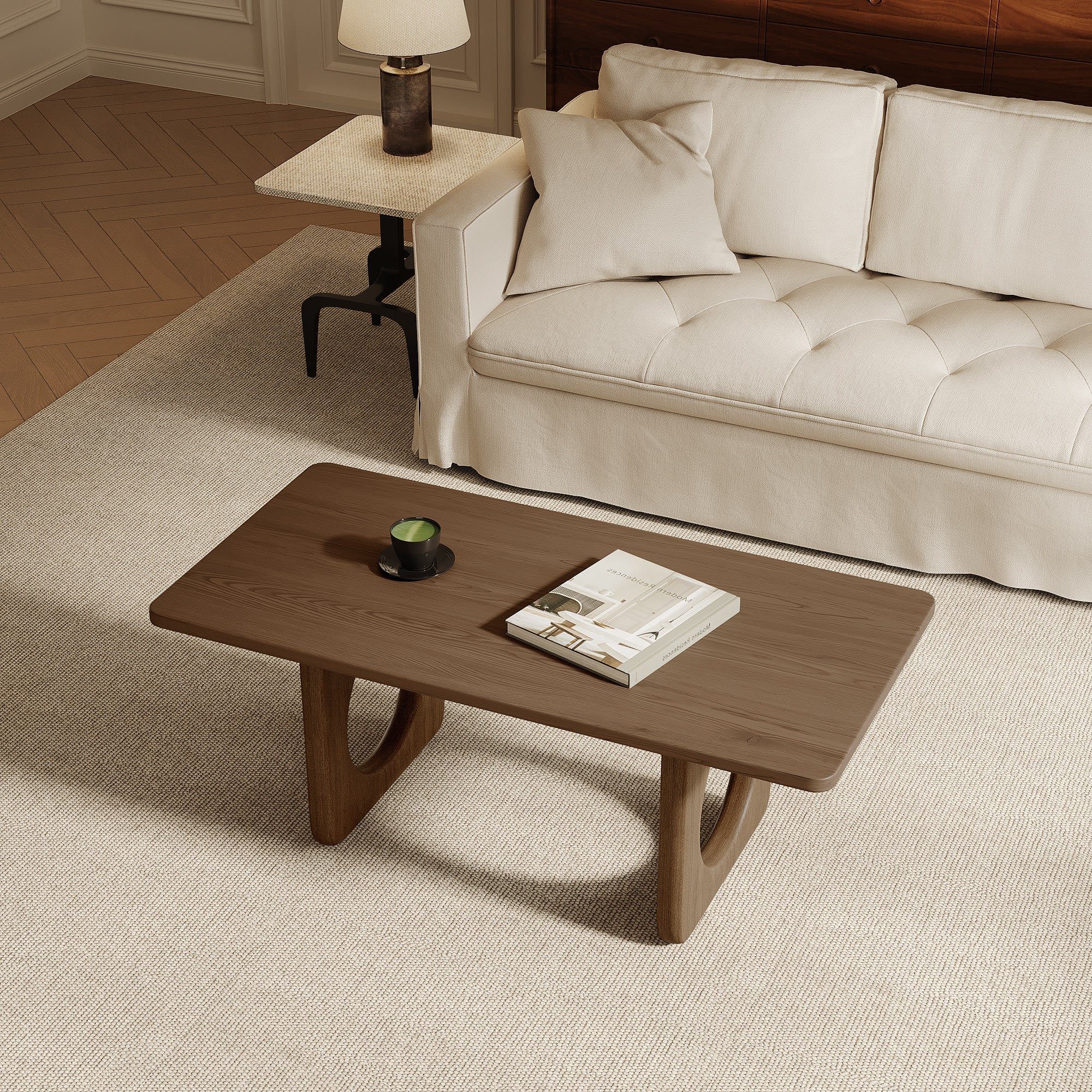 Rectangular Wooden Coffee Table Modern Farmhouse Round Cutout Panel Legs - image 3