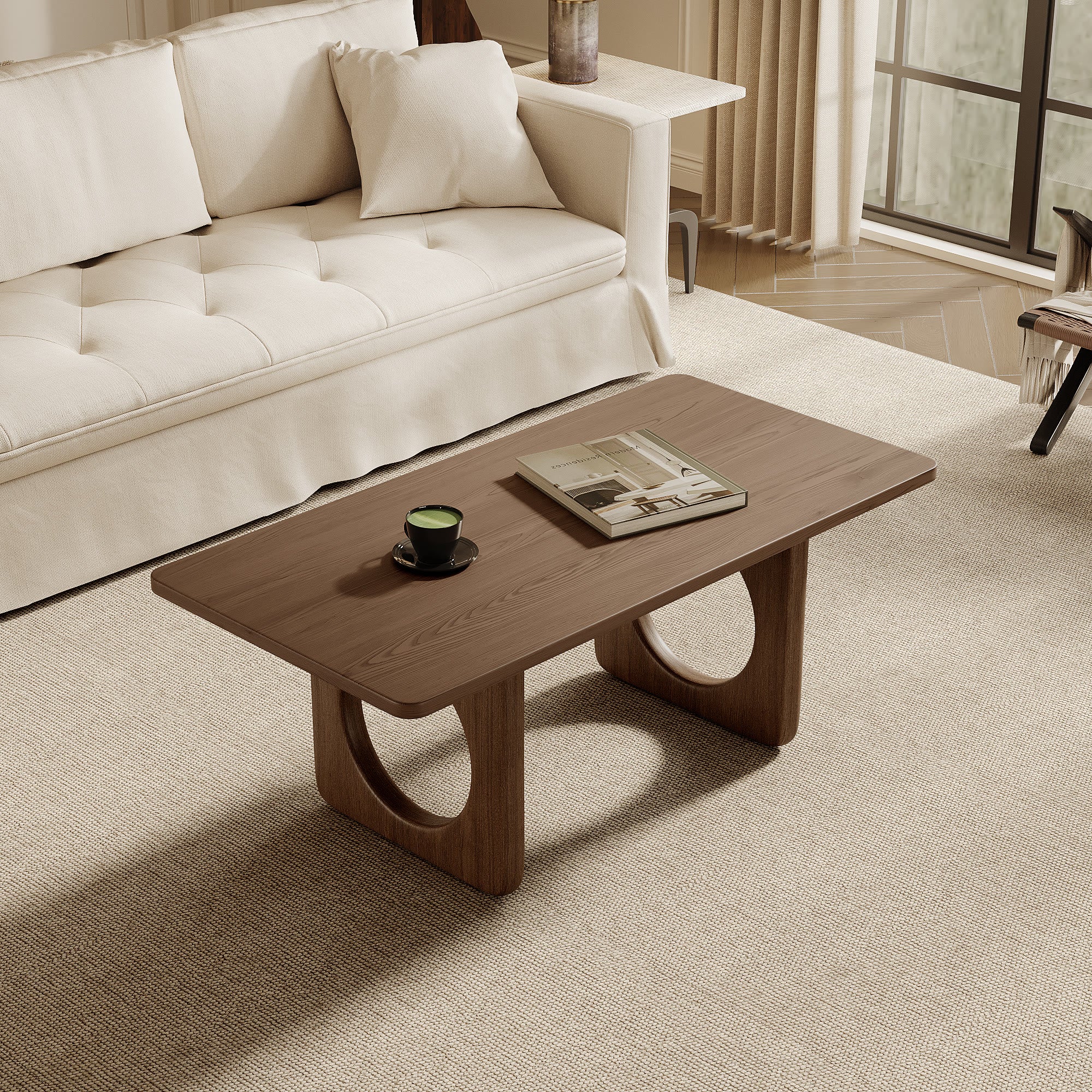 Rectangular Wooden Coffee Table Modern Farmhouse Round Cutout Panel Legs - image 4