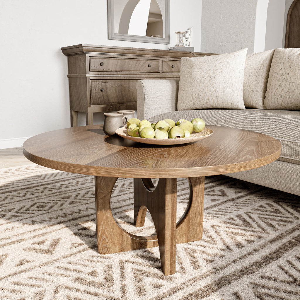 Round Wooden Coffee Table Modern Farmhouse Cross Legs with Circular Cutout - image 6