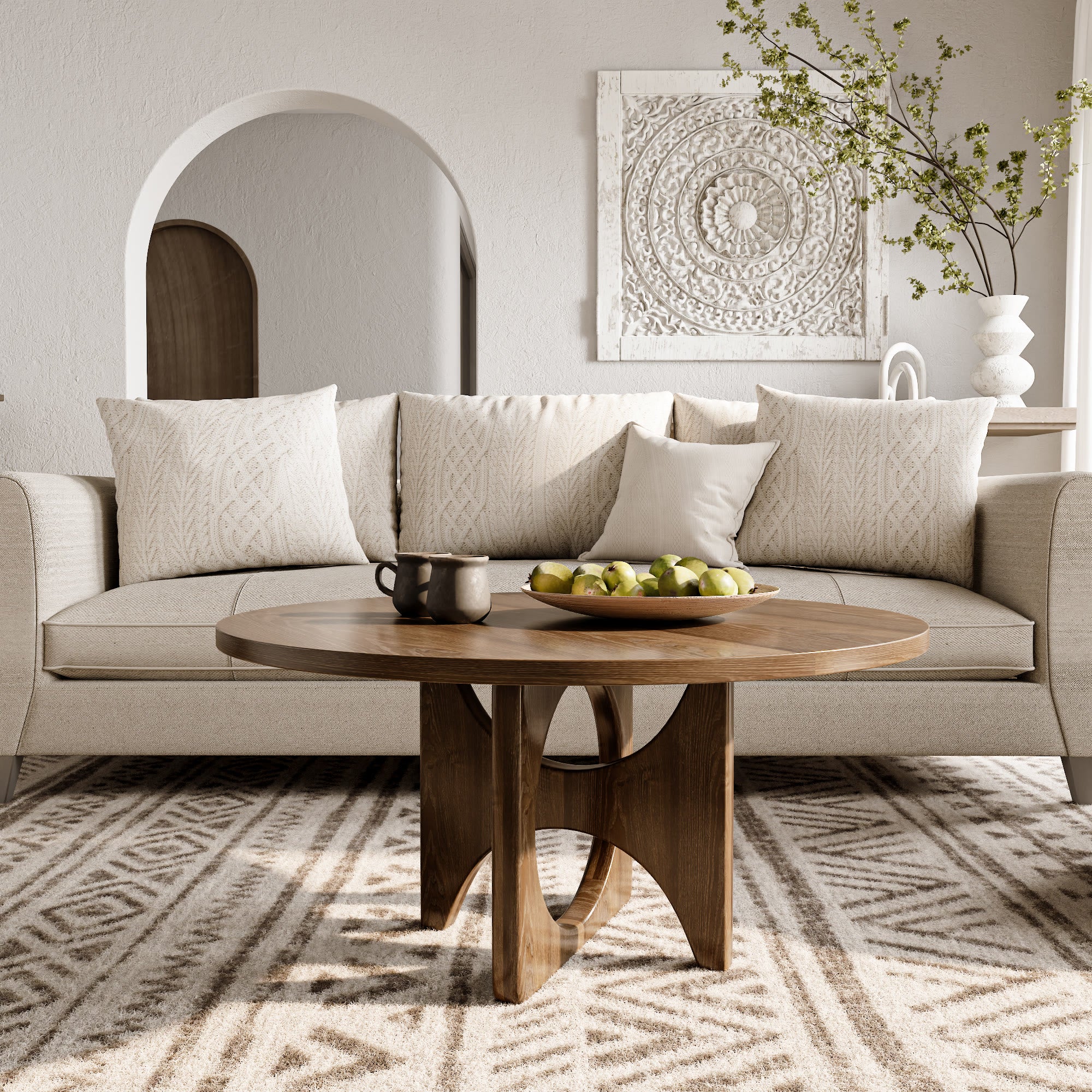 Round Wooden Coffee Table Modern Farmhouse Cross Legs with Circular Cutout - Natural - image 0